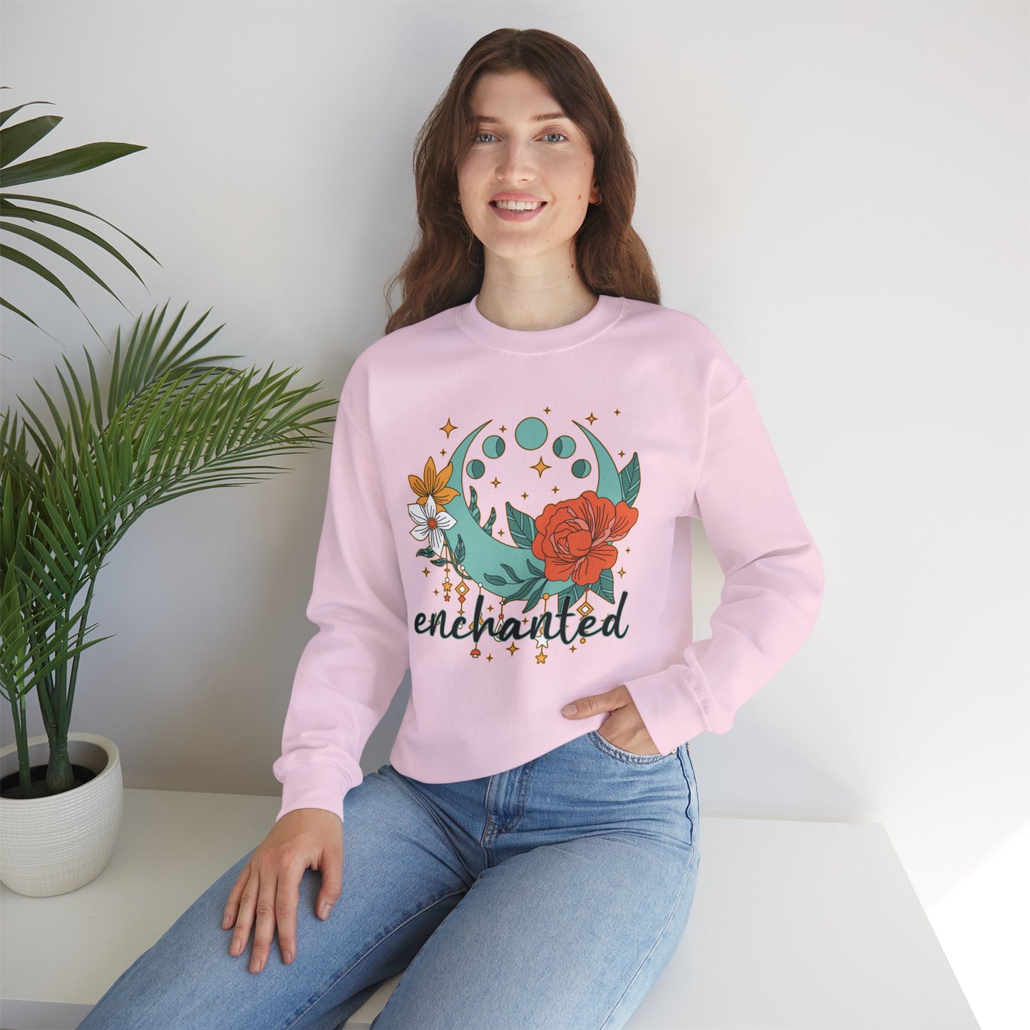 🌸🌙Enchanted — Moon Phases & Floral Comfort Crewneck Sweatshirt