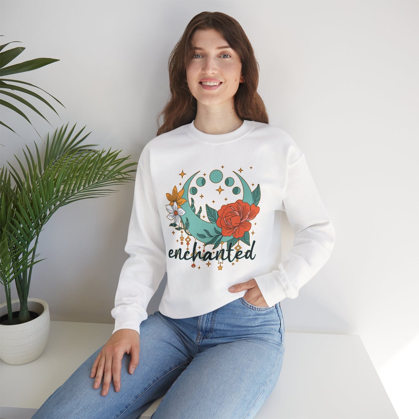 🌸🌙Enchanted — Moon Phases & Floral Comfort Crewneck Sweatshirt
