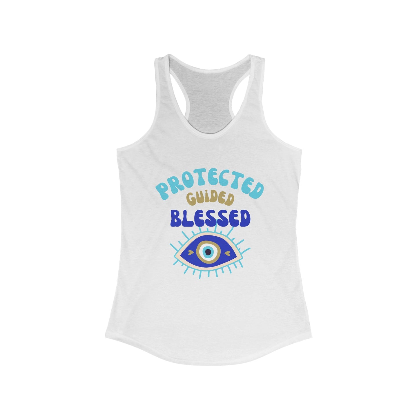 "Protected. Guided. Blessed." - Evil Eye Energy Tank for Mindful Living - Women's Racerback Tank