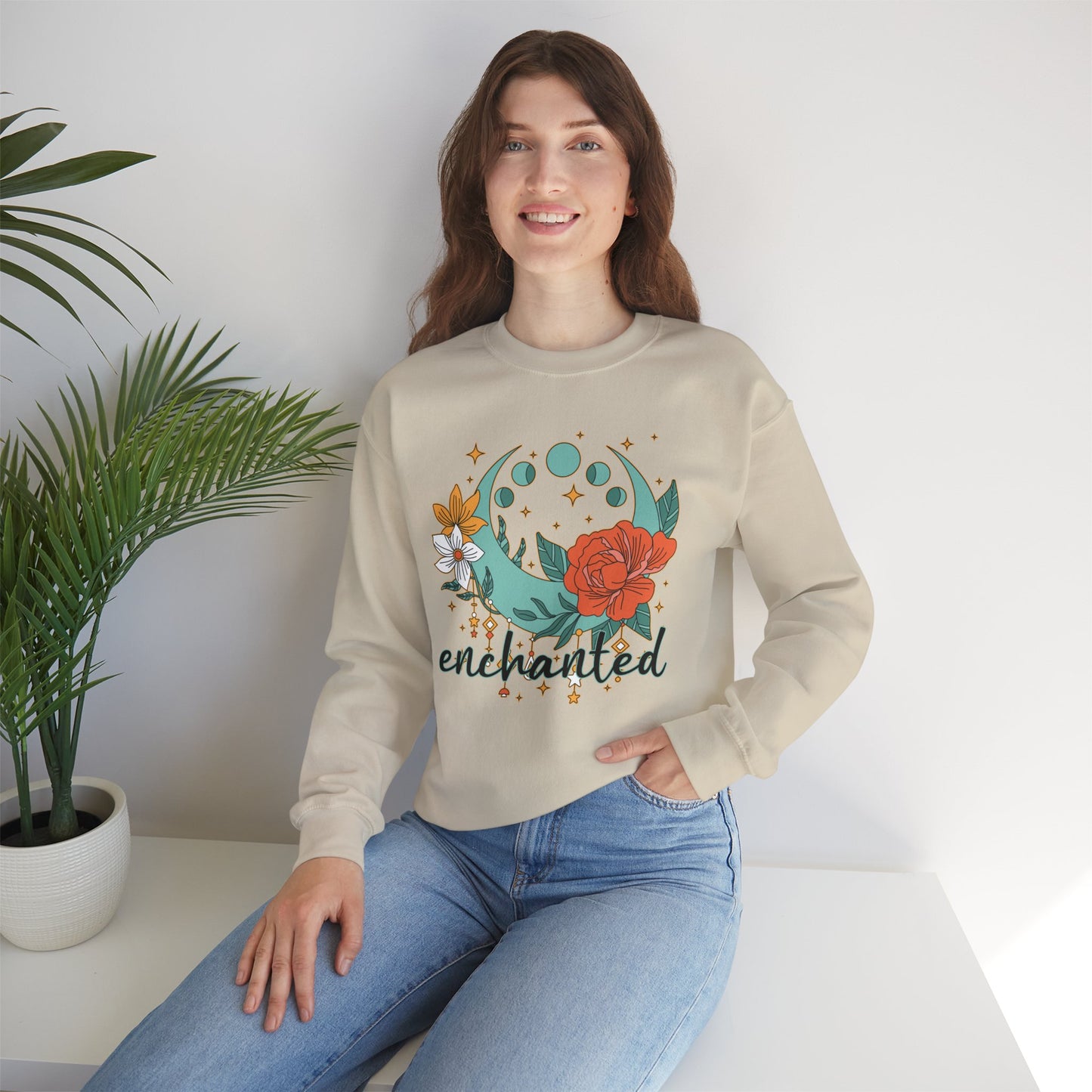🌸🌙Enchanted — Moon Phases & Floral Comfort Crewneck Sweatshirt