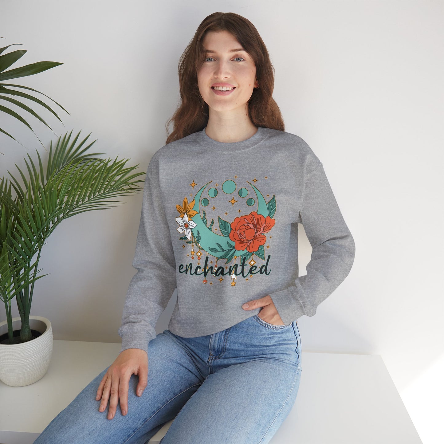 🌸🌙Enchanted — Moon Phases & Floral Comfort Crewneck Sweatshirt