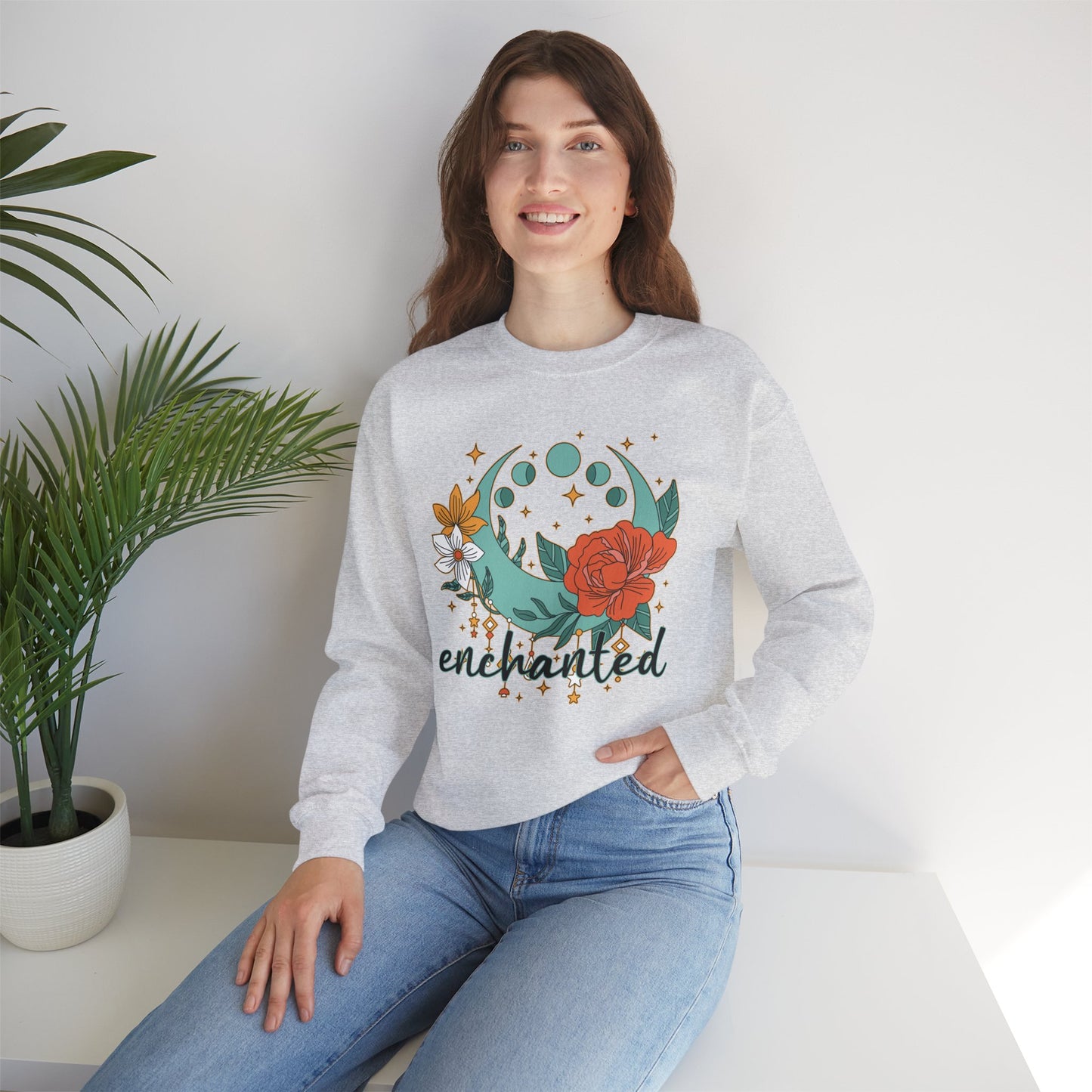 🌸🌙Enchanted — Moon Phases & Floral Comfort Crewneck Sweatshirt
