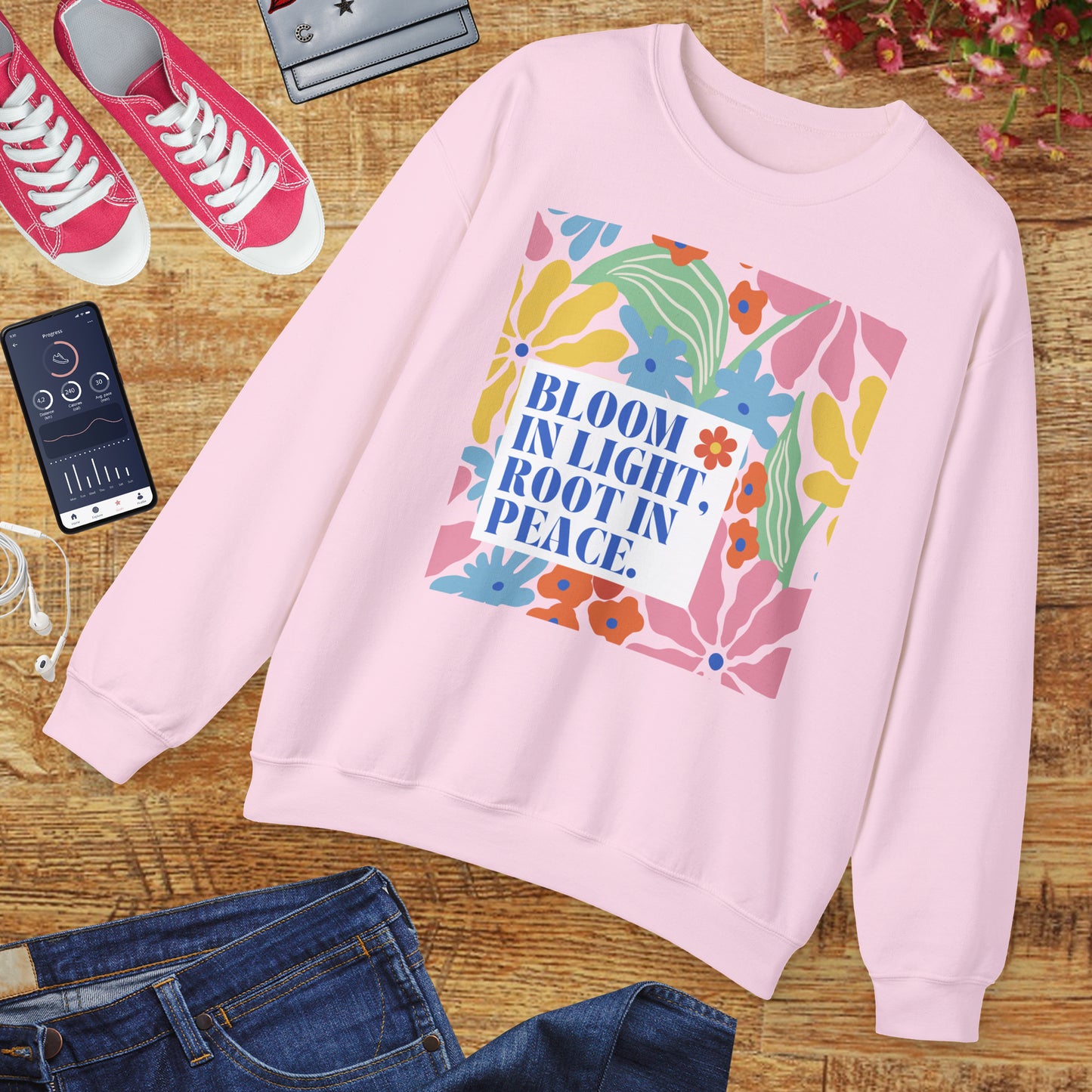🌸Bloom in Light, Root in Peace 🌿 — Soulful Comfort Crewneck Sweatshirt