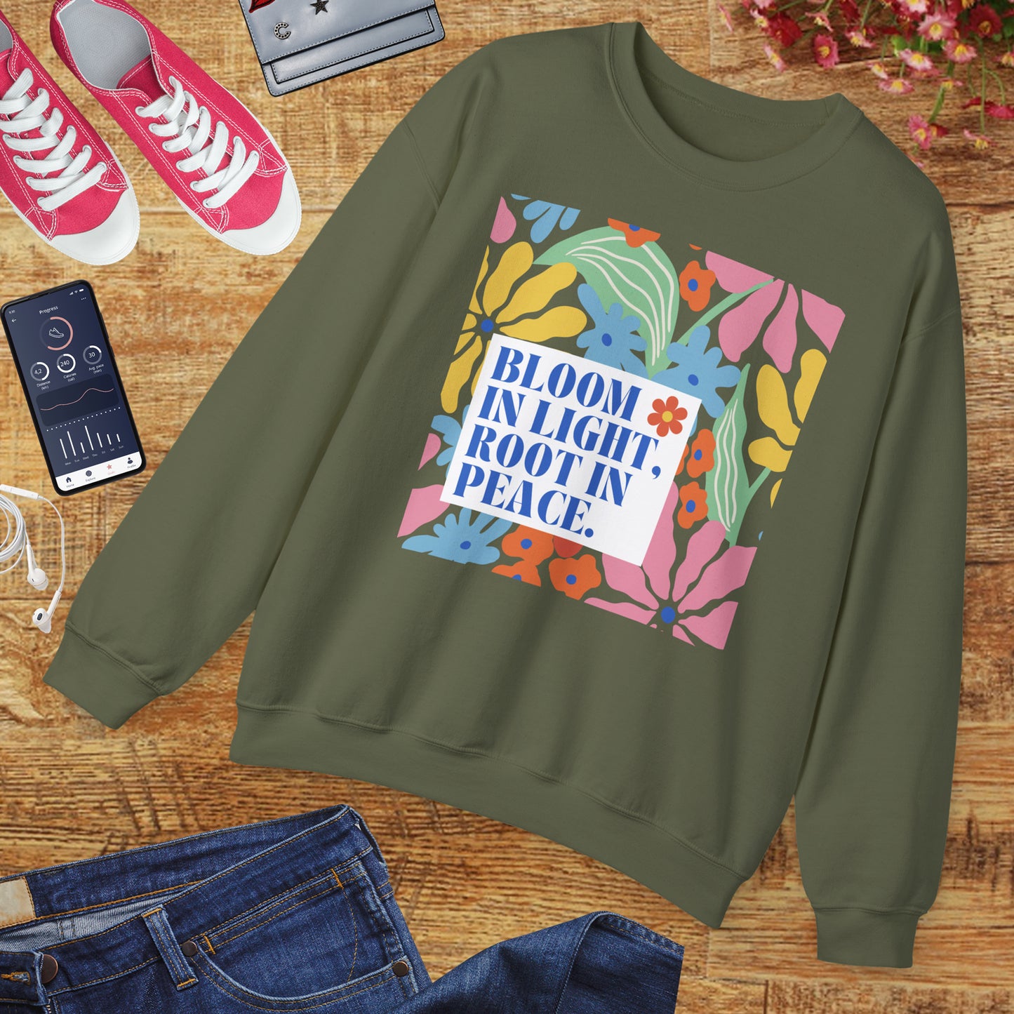 🌸Bloom in Light, Root in Peace 🌿 — Soulful Comfort Crewneck Sweatshirt