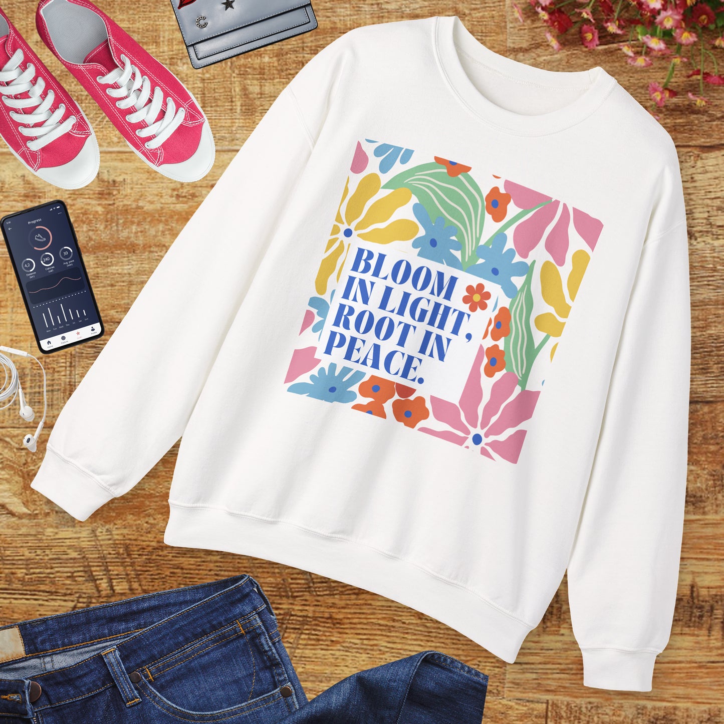 🌸Bloom in Light, Root in Peace 🌿 — Soulful Comfort Crewneck Sweatshirt