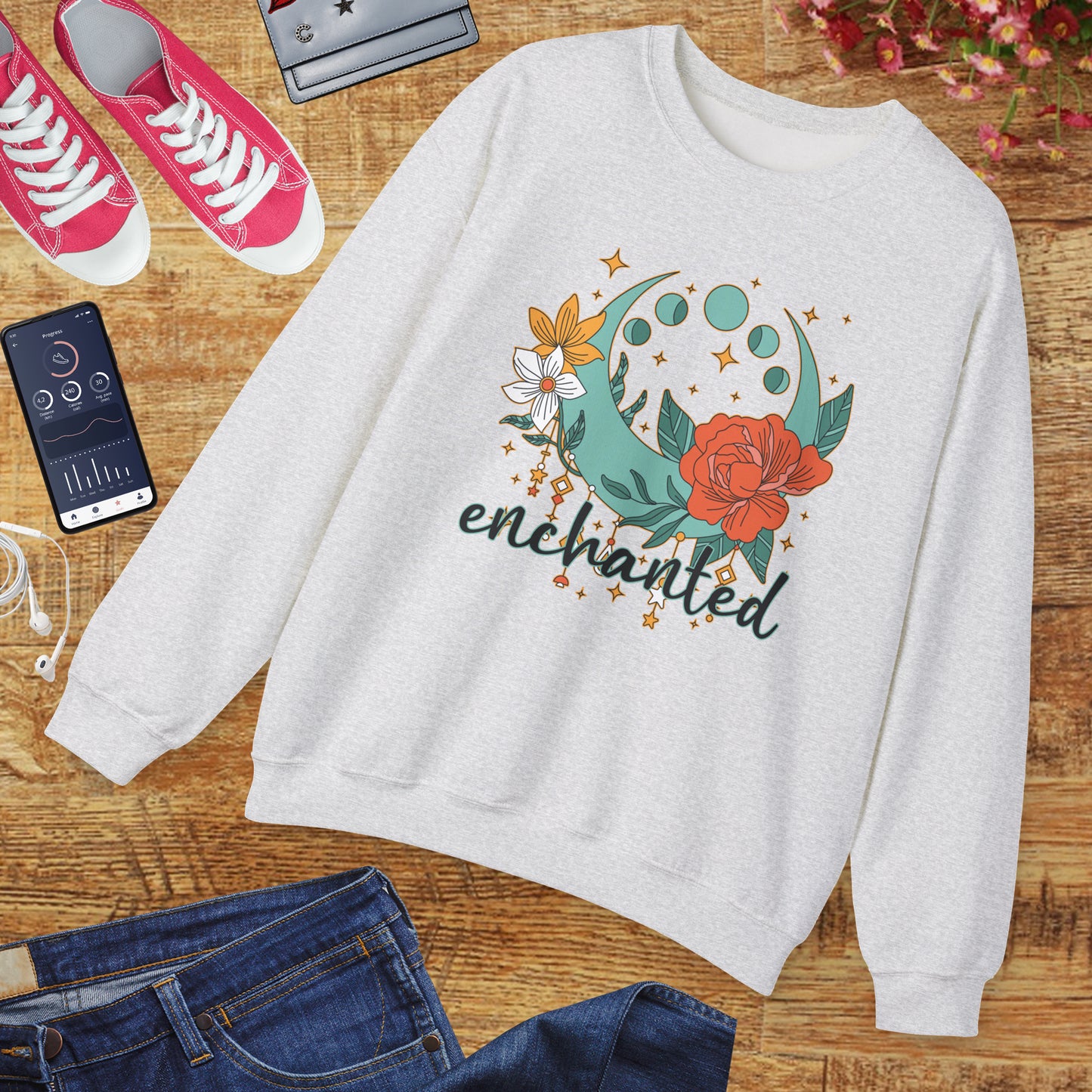 🌸🌙Enchanted — Moon Phases & Floral Comfort Crewneck Sweatshirt