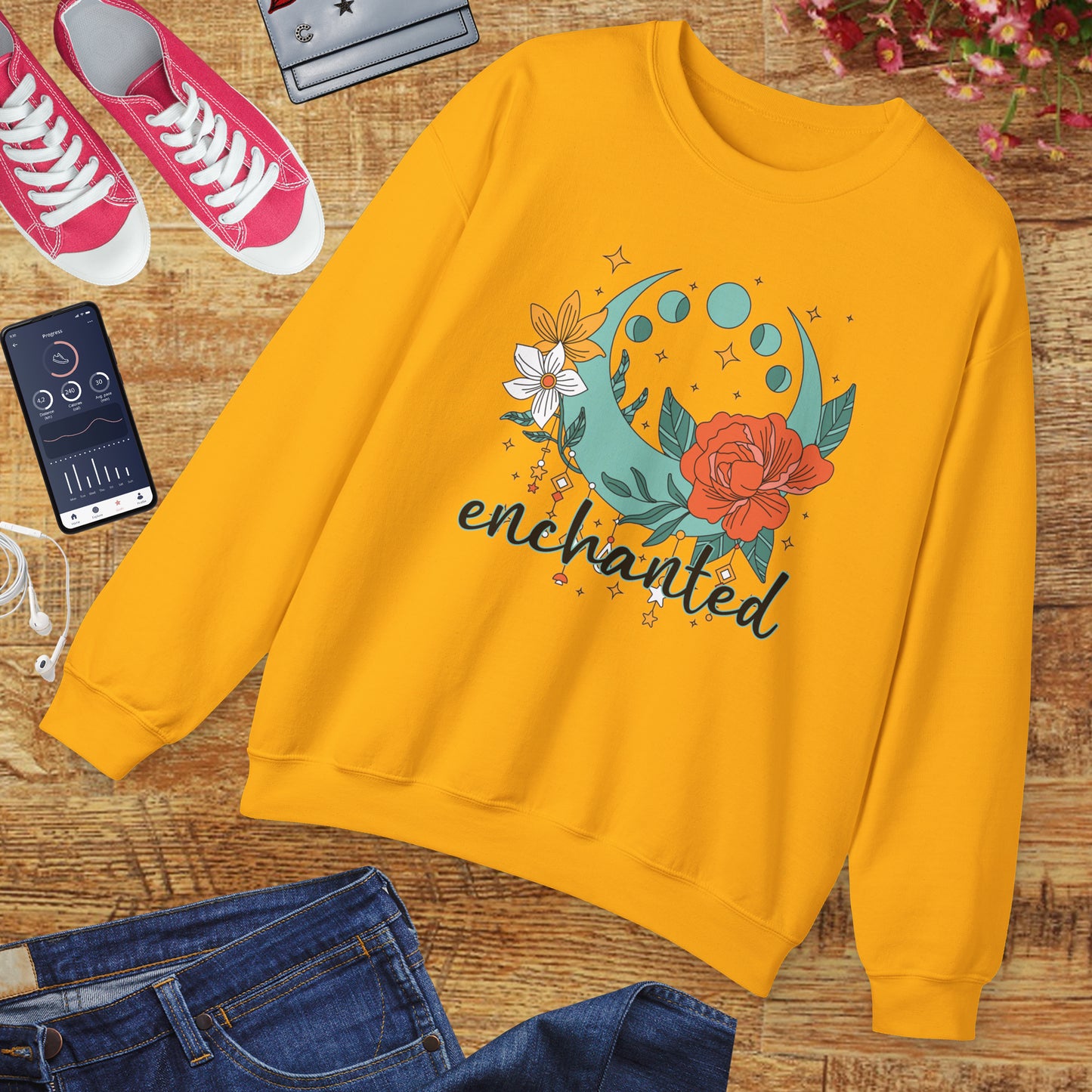🌸🌙Enchanted — Moon Phases & Floral Comfort Crewneck Sweatshirt