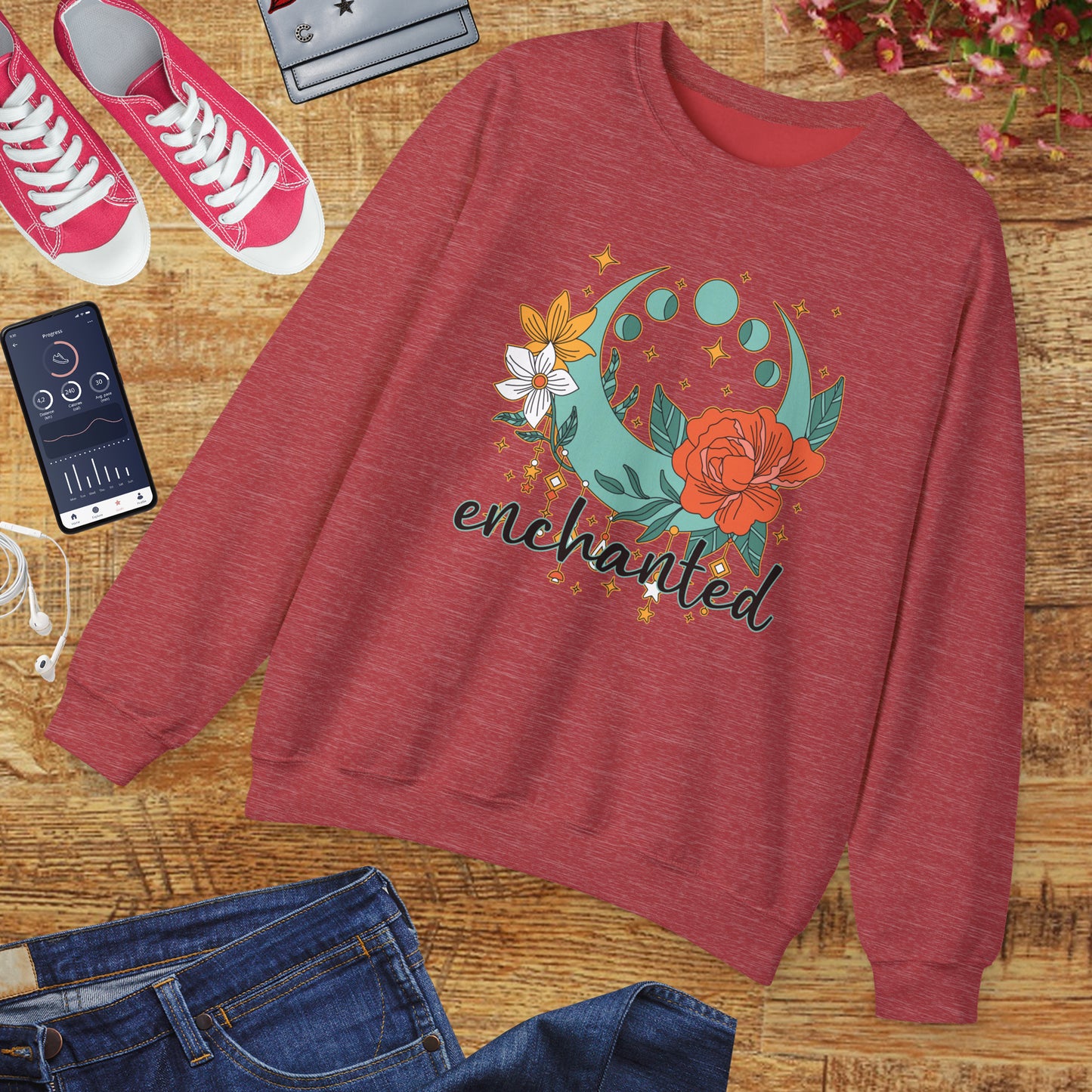 🌸🌙Enchanted — Moon Phases & Floral Comfort Crewneck Sweatshirt