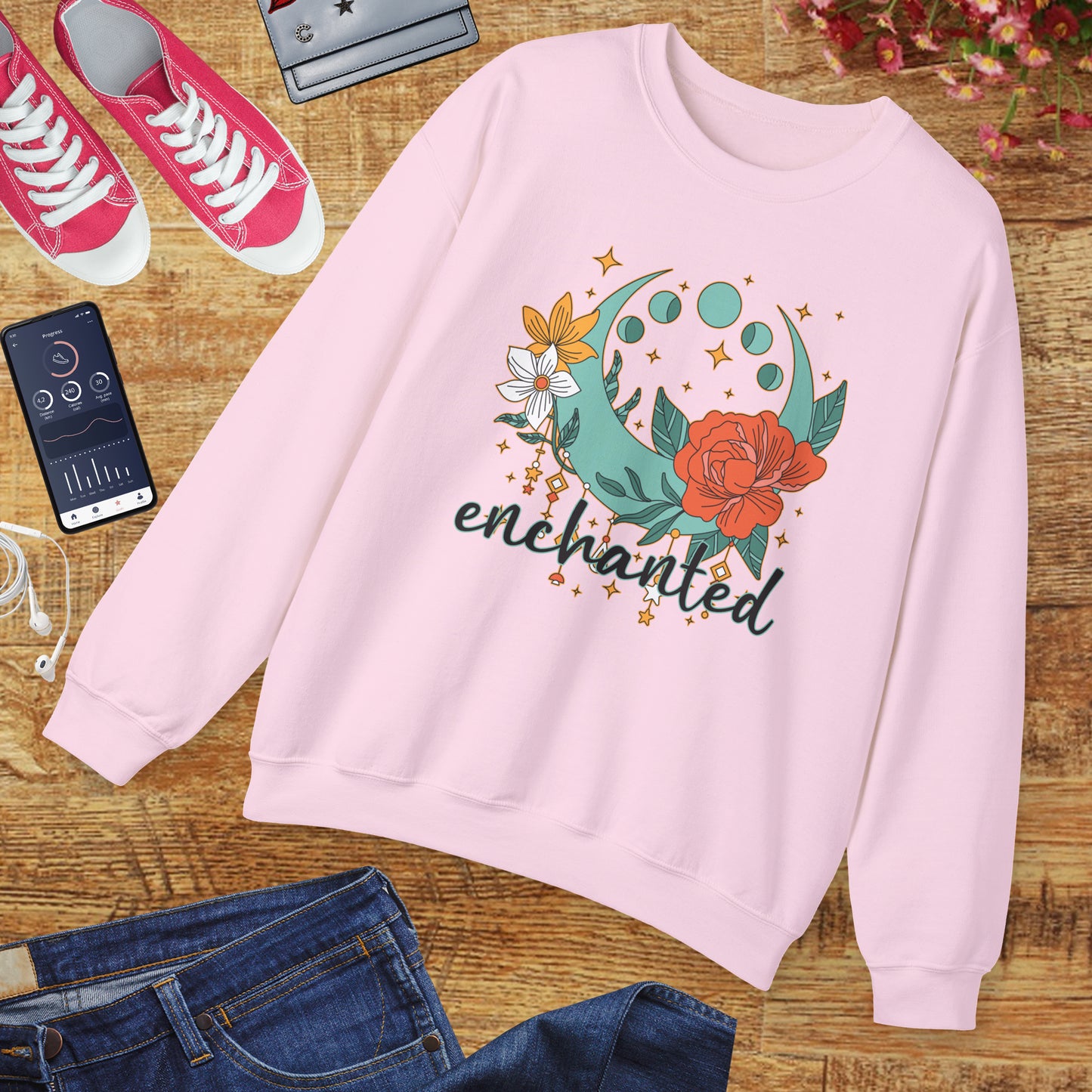 🌸🌙Enchanted — Moon Phases & Floral Comfort Crewneck Sweatshirt