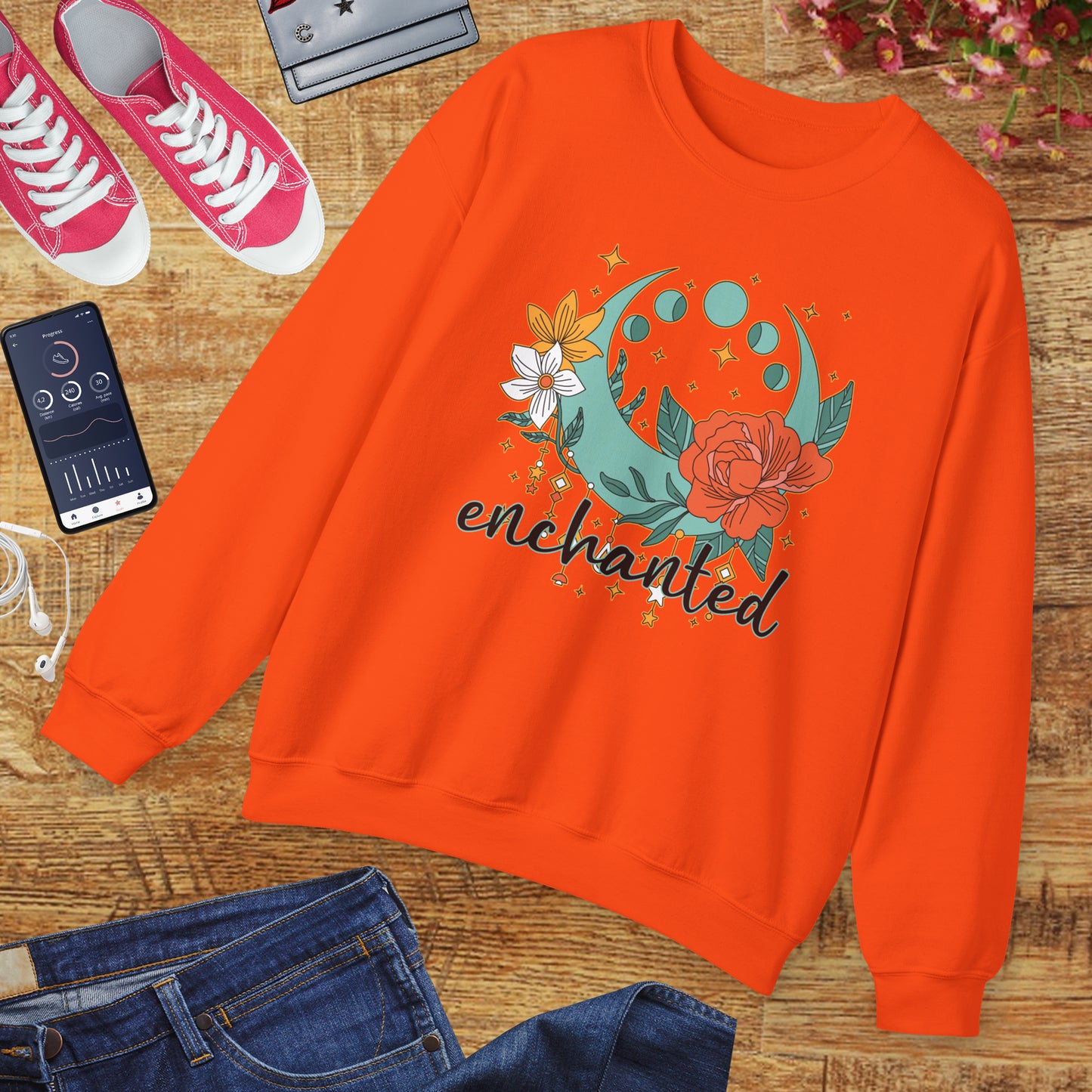 🌸🌙Enchanted — Moon Phases & Floral Comfort Crewneck Sweatshirt