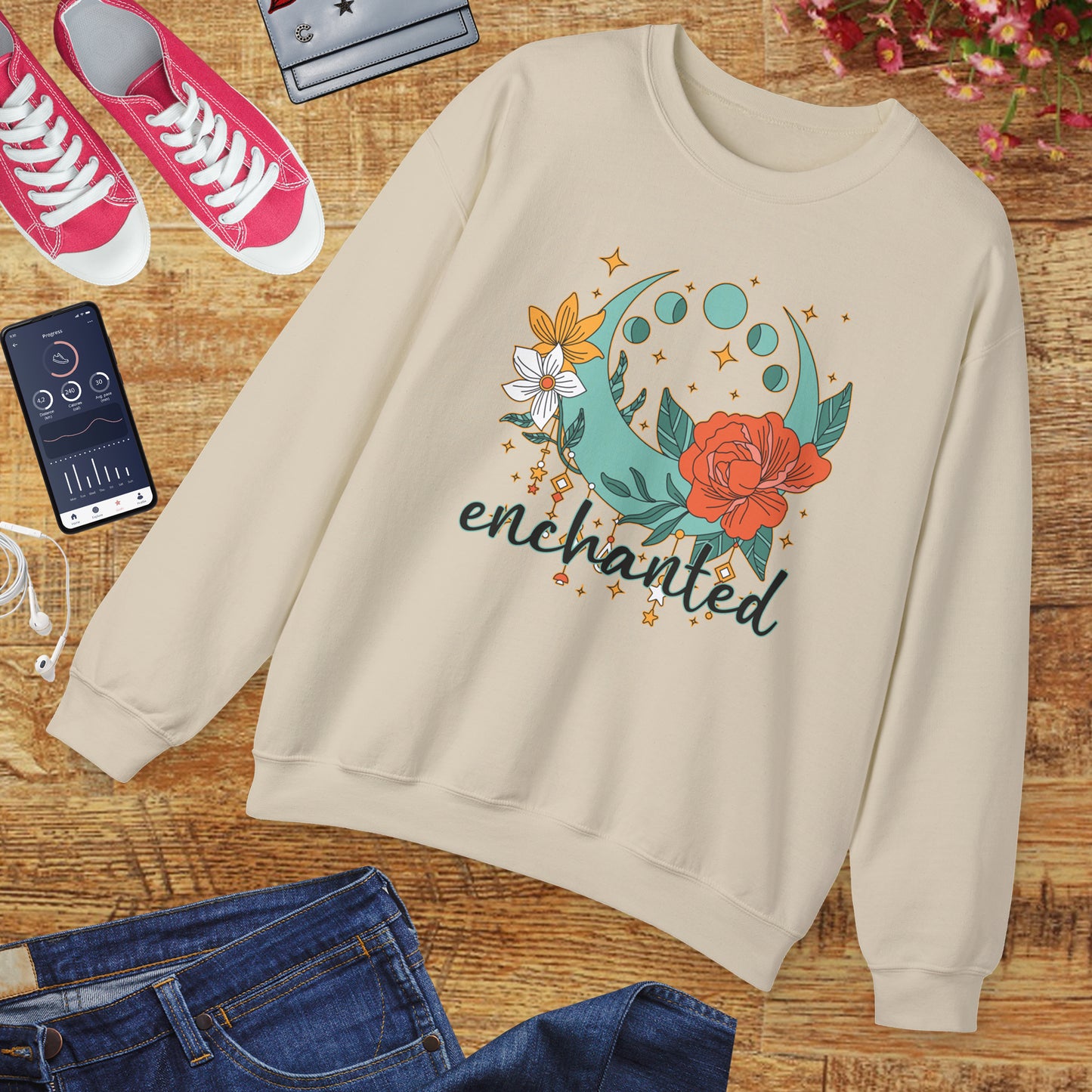 🌸🌙Enchanted — Moon Phases & Floral Comfort Crewneck Sweatshirt
