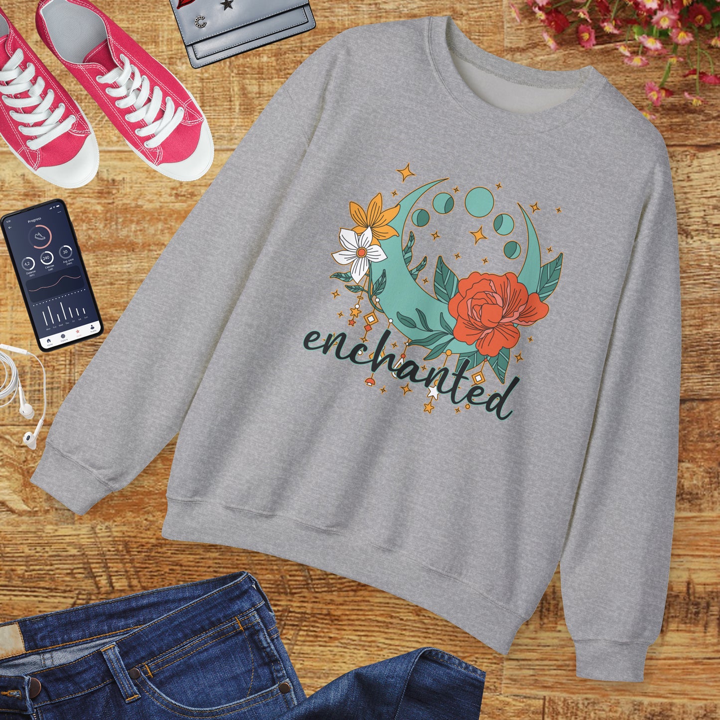 🌸🌙Enchanted — Moon Phases & Floral Comfort Crewneck Sweatshirt