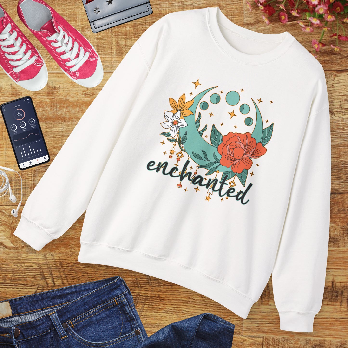 🌸🌙Enchanted — Moon Phases & Floral Comfort Crewneck Sweatshirt