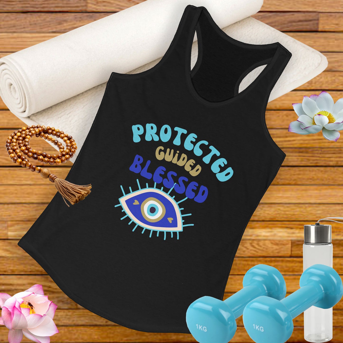 "Protected. Guided. Blessed." - Evil Eye Energy Tank for Mindful Living - Women's Racerback Tank