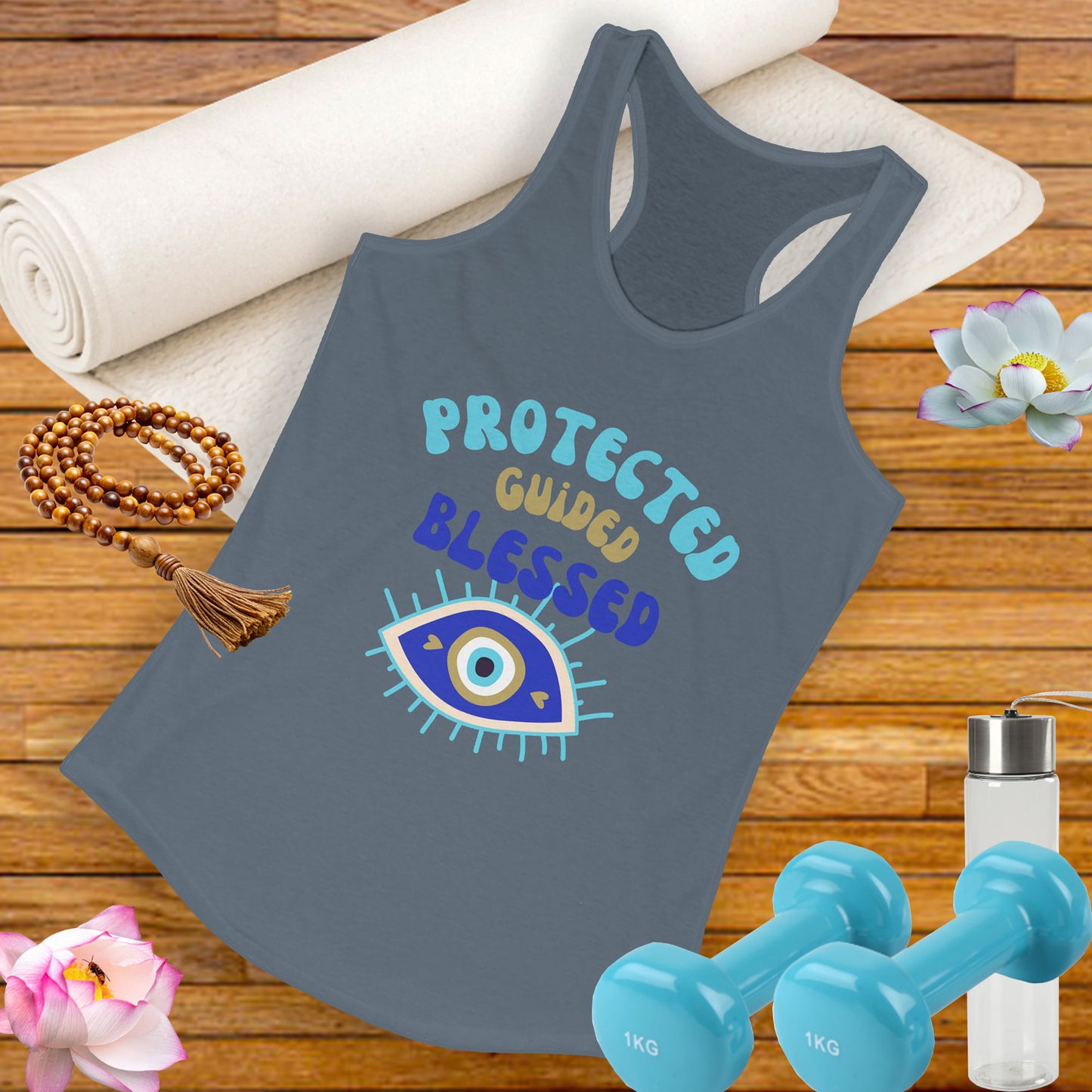 "Protected. Guided. Blessed." - Evil Eye Energy Tank for Mindful Living - Women's Racerback Tank