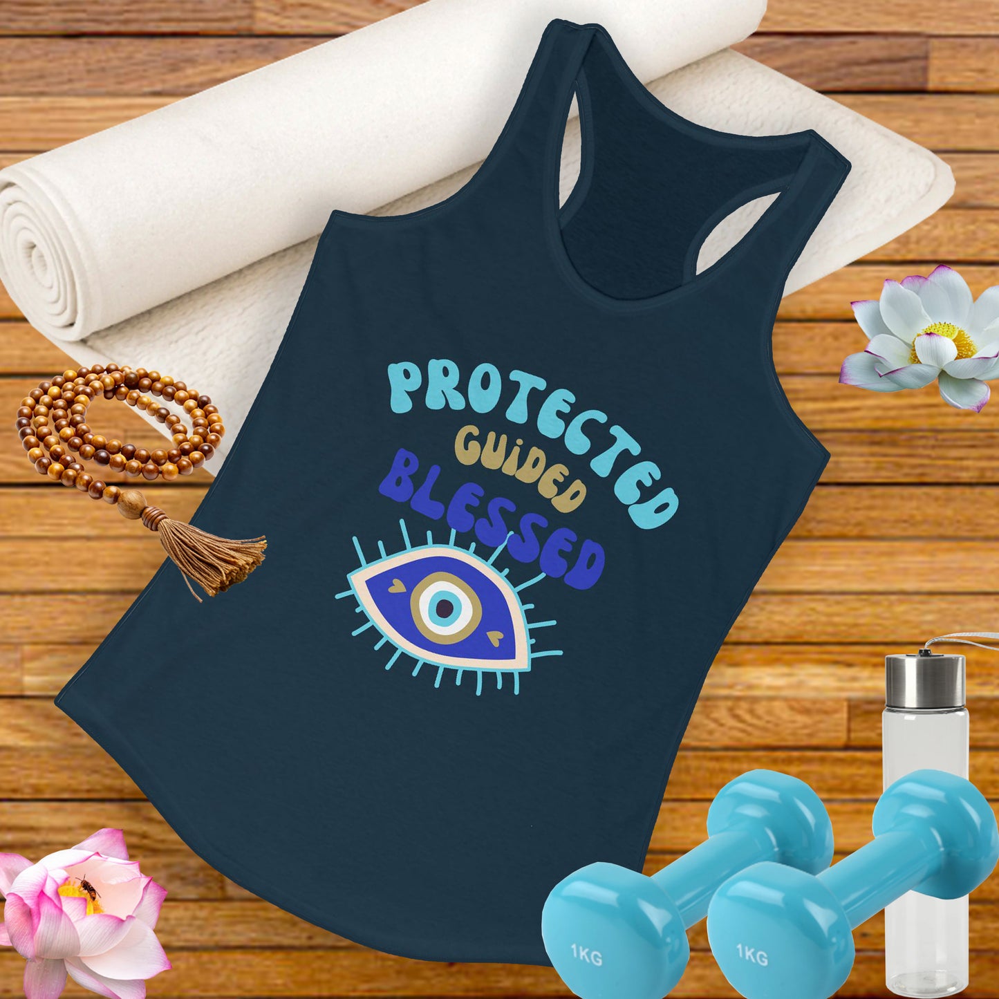 "Protected. Guided. Blessed." - Evil Eye Energy Tank for Mindful Living - Women's Racerback Tank