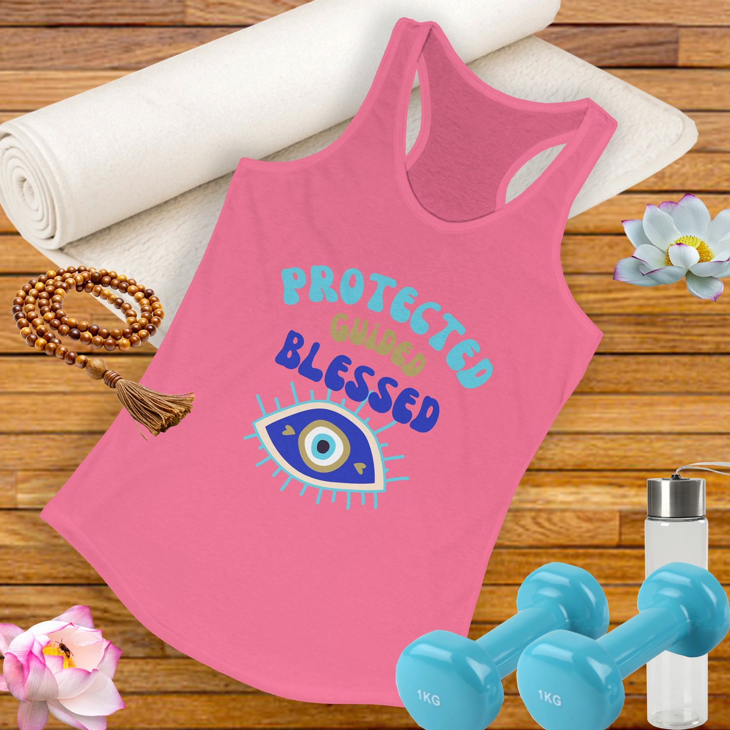 "Protected. Guided. Blessed." - Evil Eye Energy Tank for Mindful Living - Women's Racerback Tank