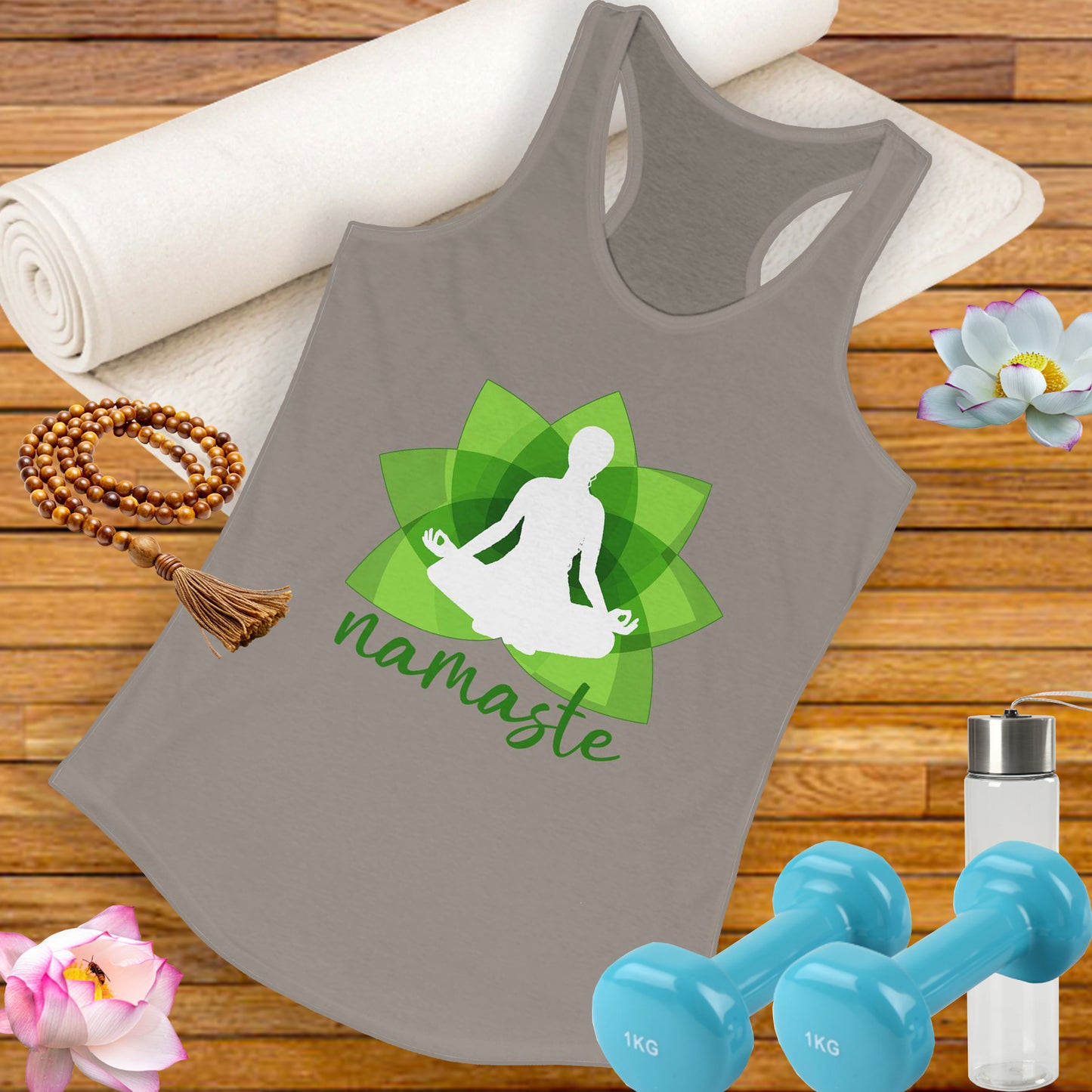 "Namaste in Bloom" - Green Lotus & Meditating Silhouette Women's Racerback Tank