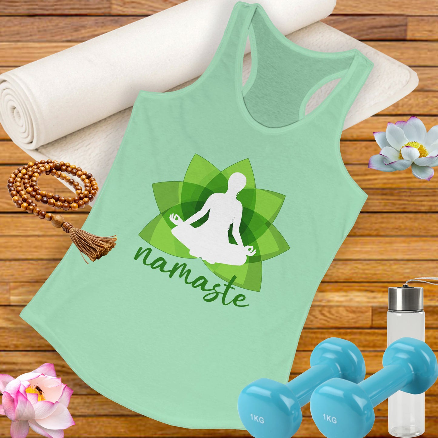 "Namaste in Bloom" - Green Lotus & Meditating Silhouette Women's Racerback Tank