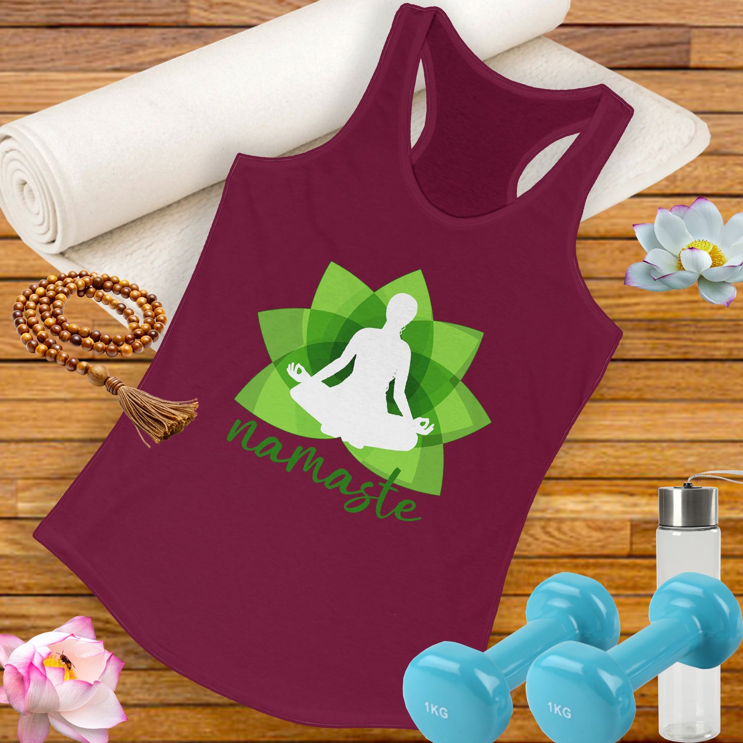 "Namaste in Bloom" - Green Lotus & Meditating Silhouette Women's Racerback Tank