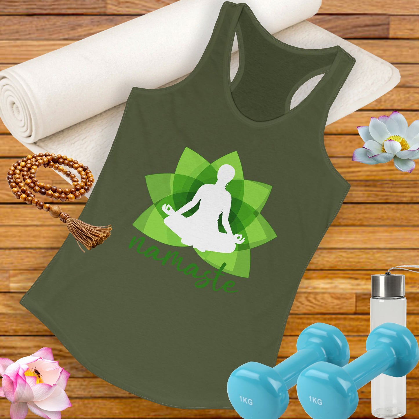 "Namaste in Bloom" - Green Lotus & Meditating Silhouette Women's Racerback Tank