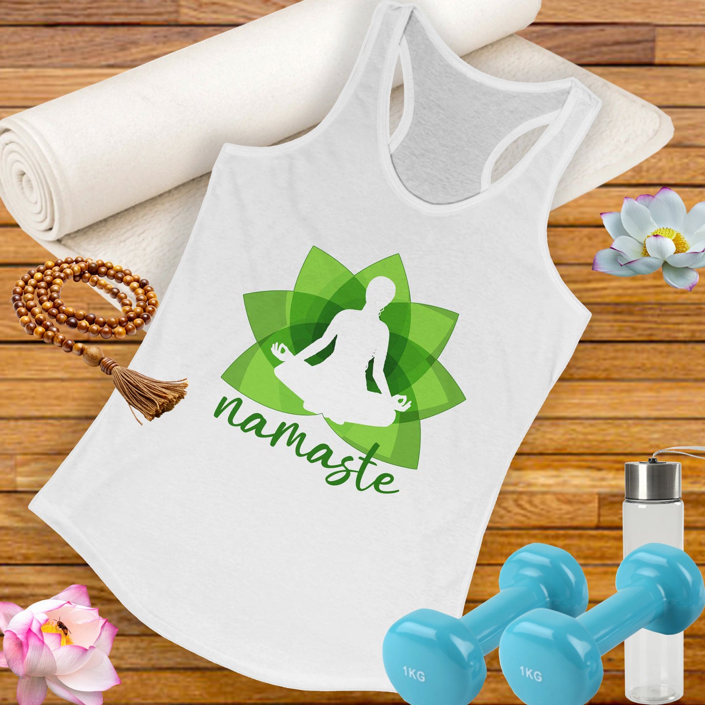 "Namaste in Bloom" - Green Lotus & Meditating Silhouette Women's Racerback Tank