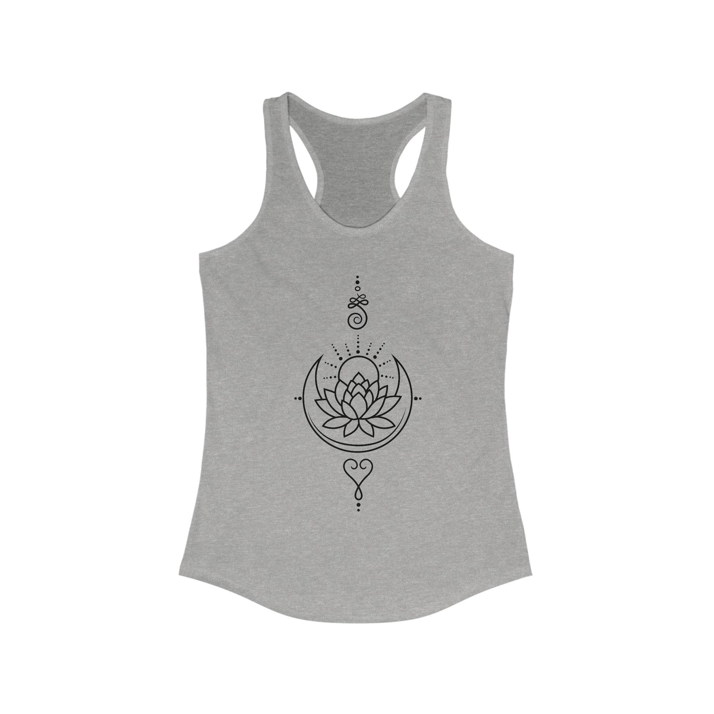 "Celestial Flow" Racerback Tank – Black New Moon Mandala with Rising Sun Design