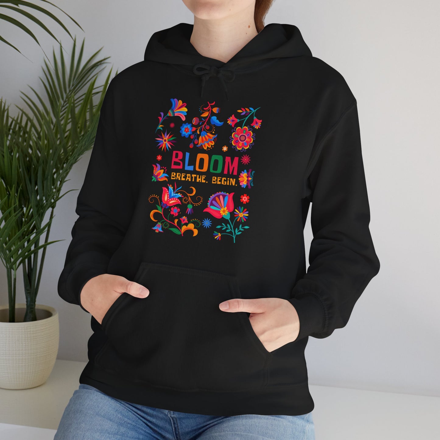 🌸✨Bloom. Breathe. Begin. – Vibrant Folk Floral Unisex Hoodie🌞🌿