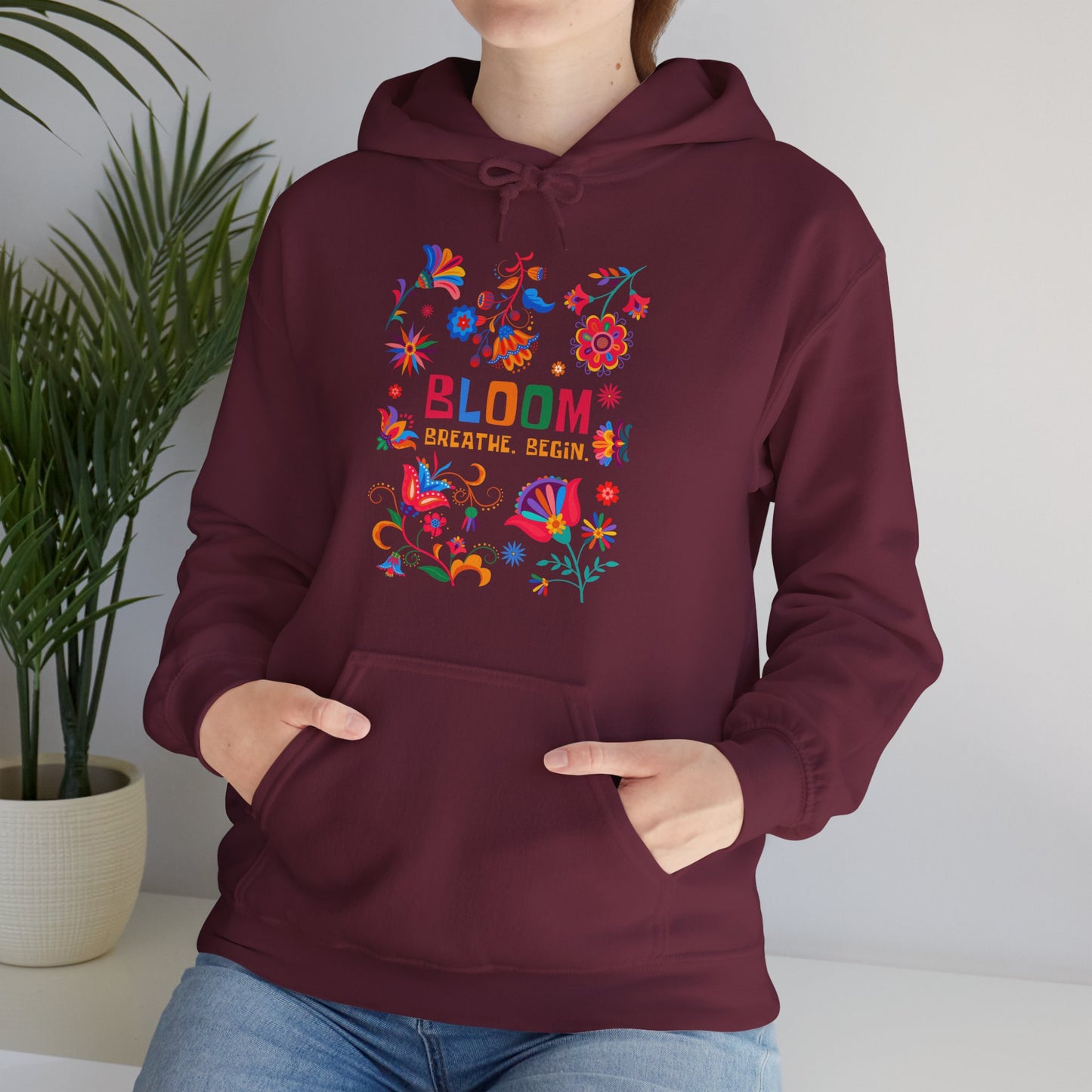 🌸✨Bloom. Breathe. Begin. – Vibrant Folk Floral Unisex Hoodie🌞🌿