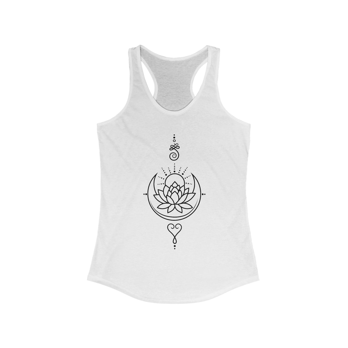 "Celestial Flow" Racerback Tank – Black New Moon Mandala with Rising Sun Design