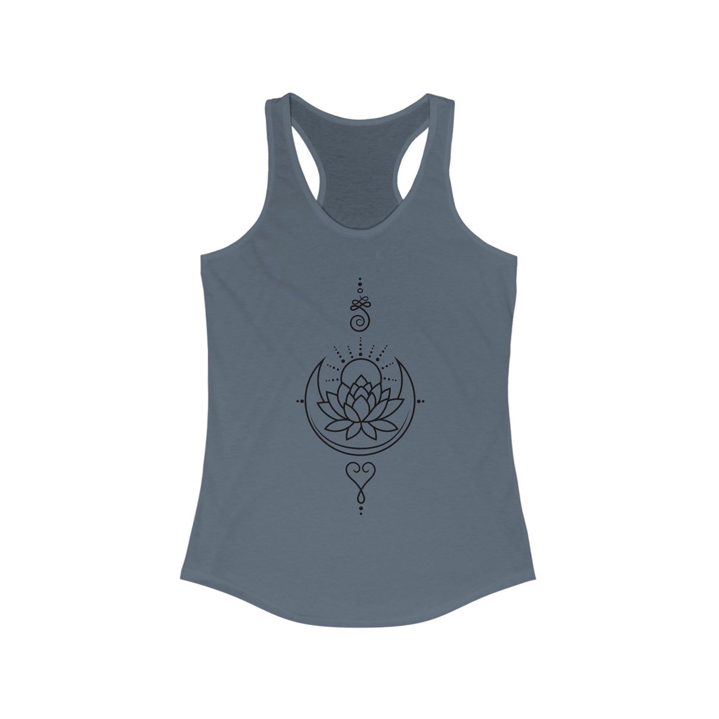 "Celestial Flow" Racerback Tank – Black New Moon Mandala with Rising Sun Design