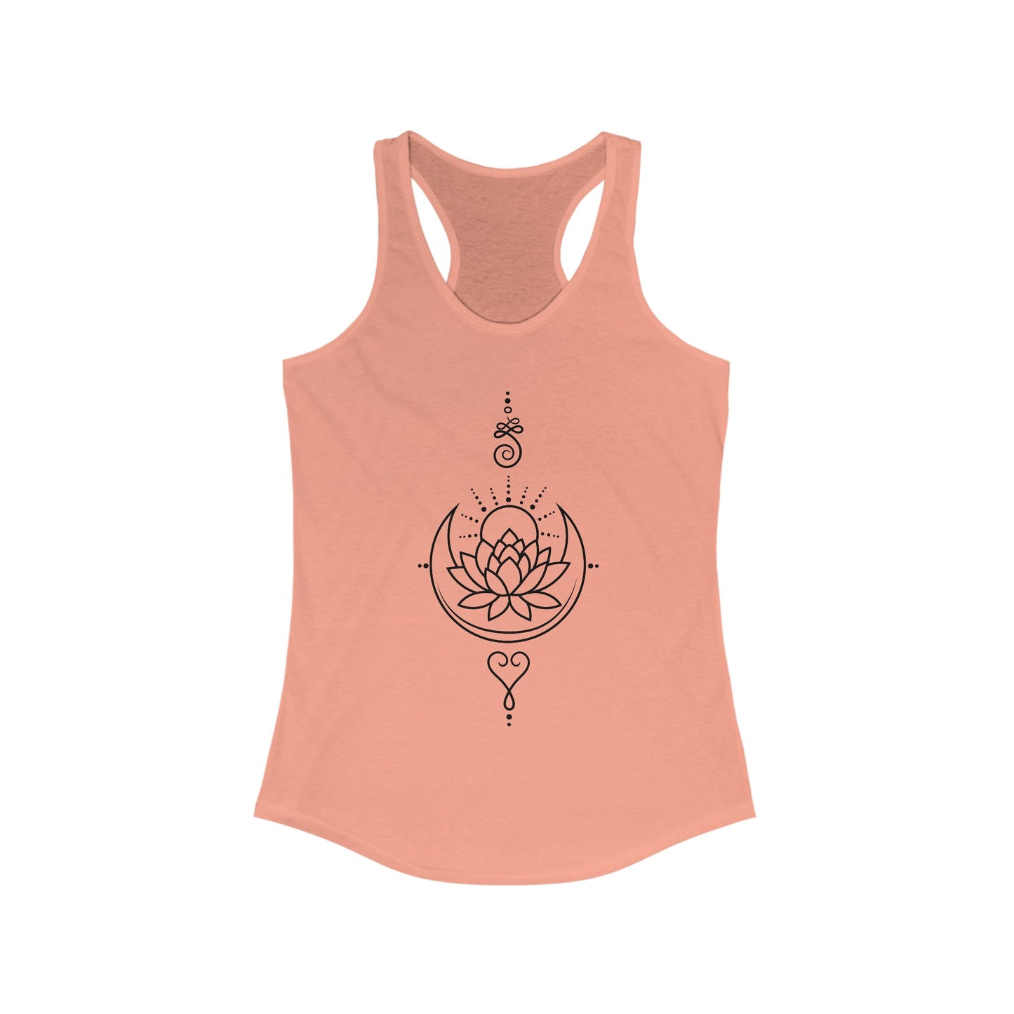 "Celestial Flow" Racerback Tank – Black New Moon Mandala with Rising Sun Design