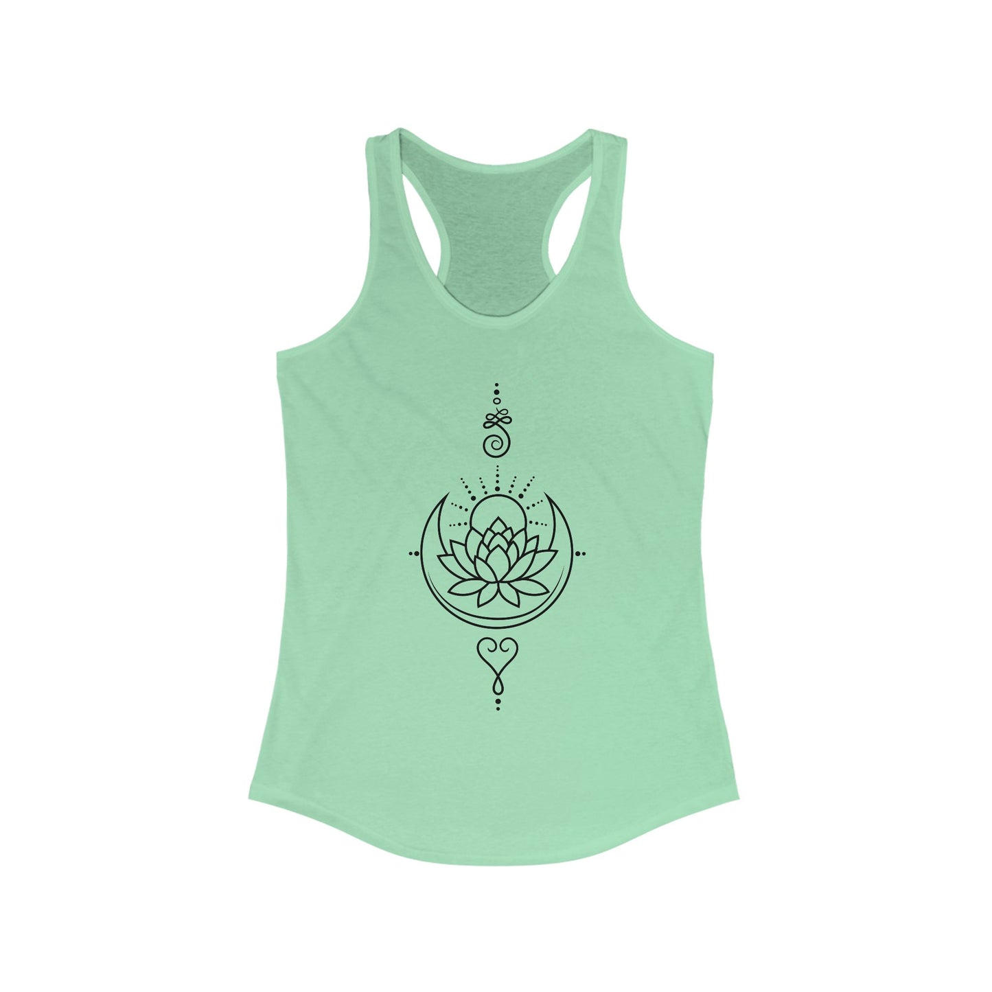 "Celestial Flow" Racerback Tank – Black New Moon Mandala with Rising Sun Design