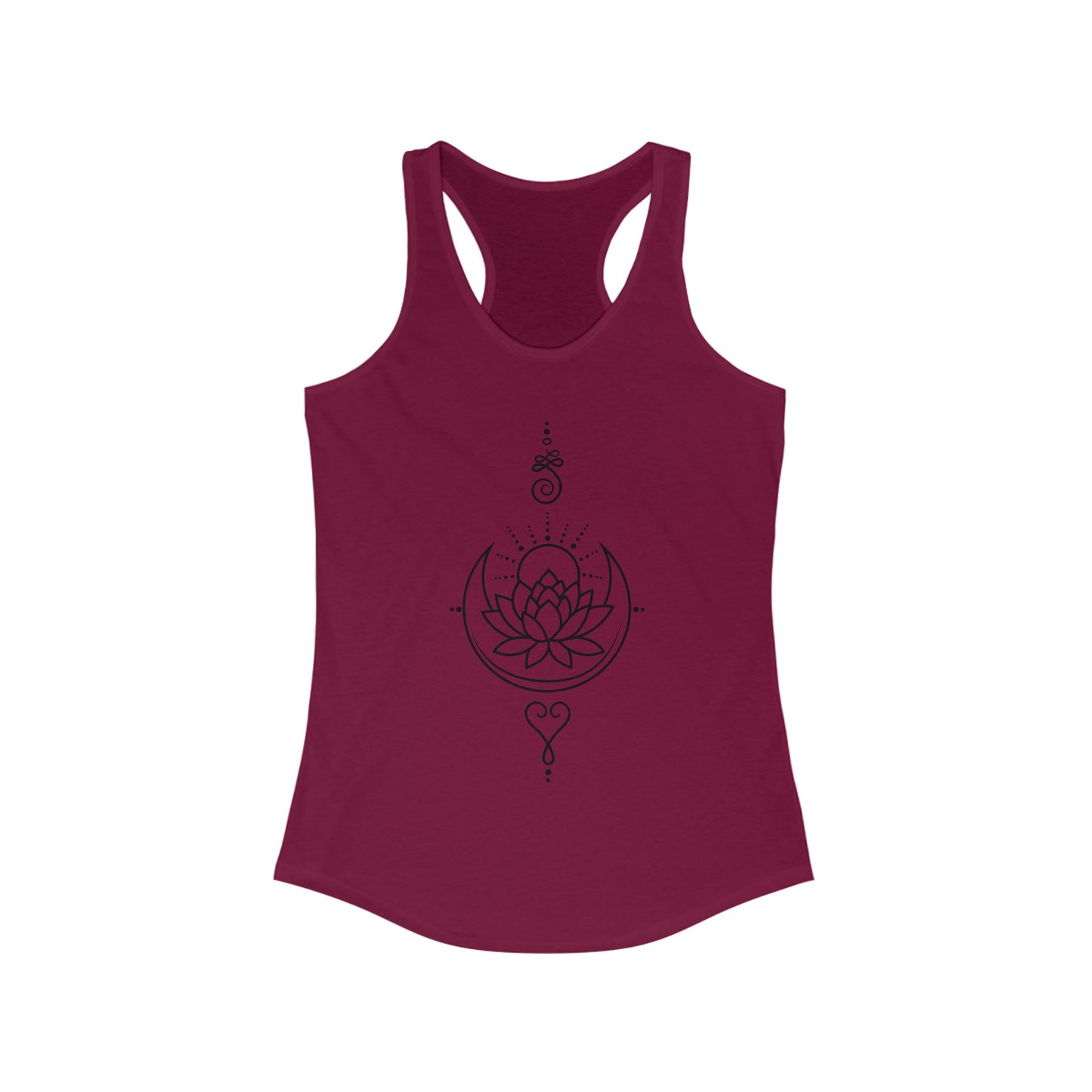 "Celestial Flow" Racerback Tank – Black New Moon Mandala with Rising Sun Design