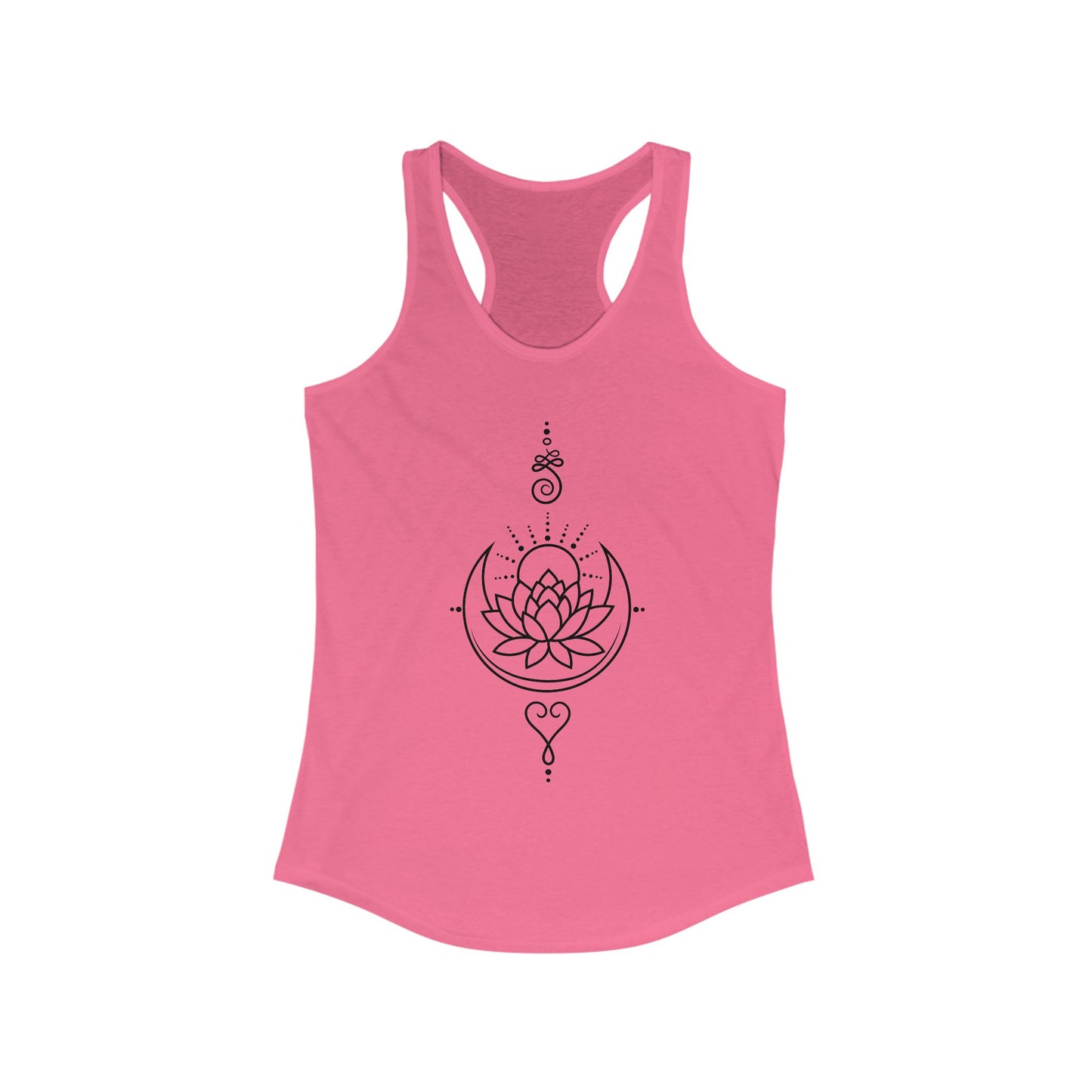 "Celestial Flow" Racerback Tank – Black New Moon Mandala with Rising Sun Design