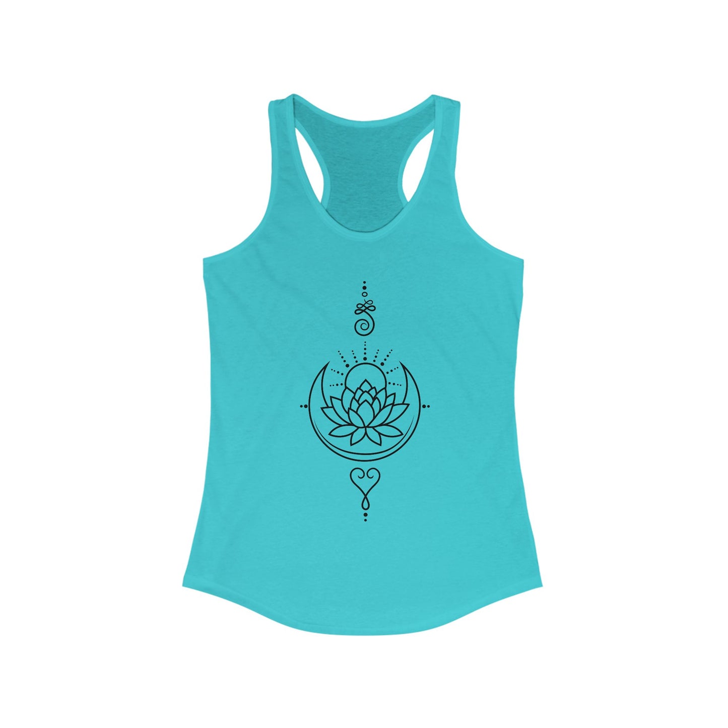 "Celestial Flow" Racerback Tank – Black New Moon Mandala with Rising Sun Design