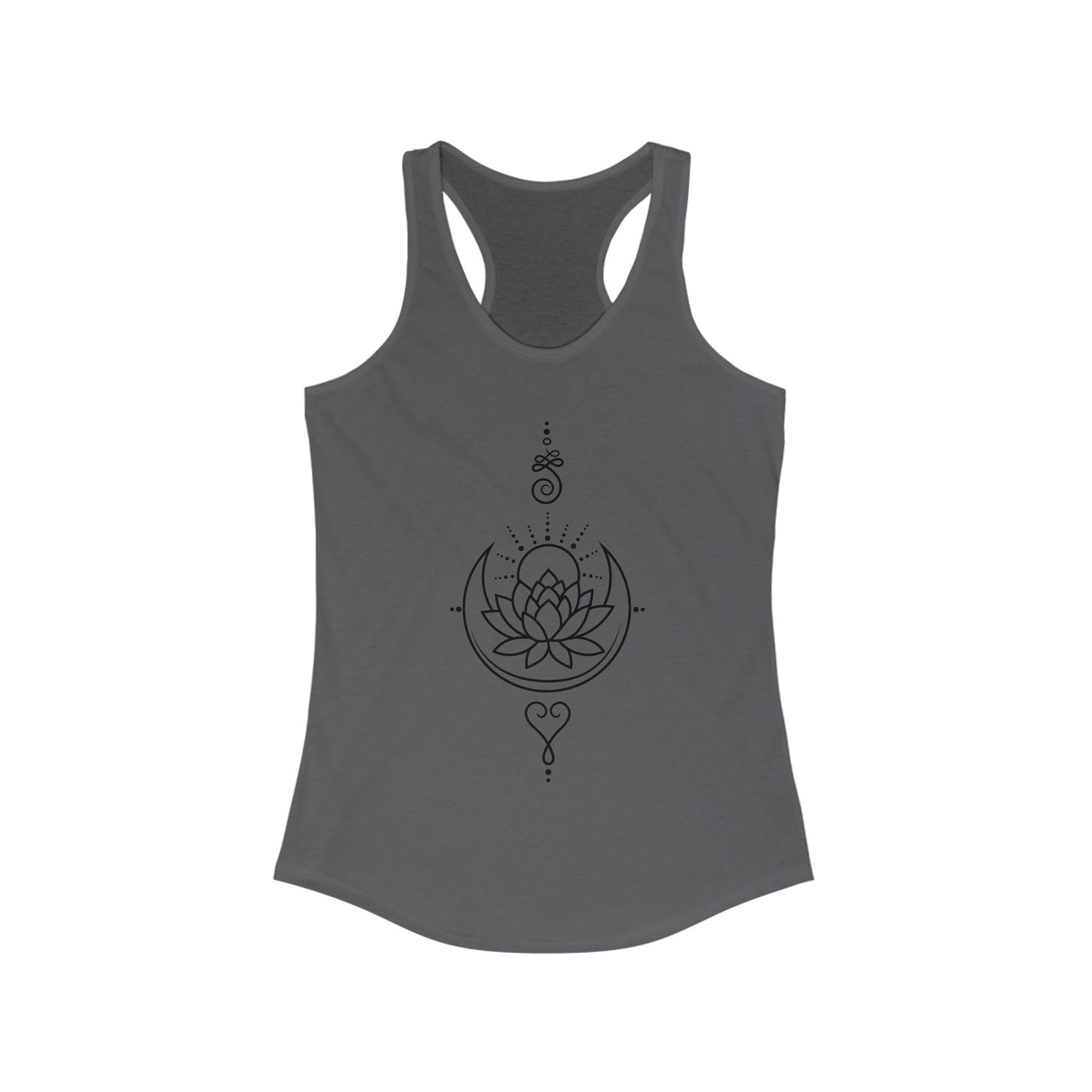 "Celestial Flow" Racerback Tank – Black New Moon Mandala with Rising Sun Design