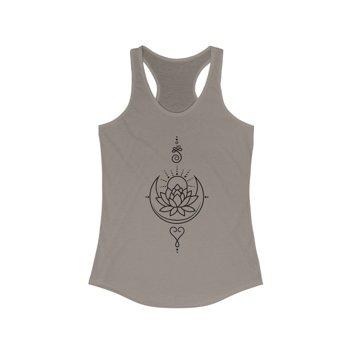 "Celestial Flow" Racerback Tank – Black New Moon Mandala with Rising Sun Design