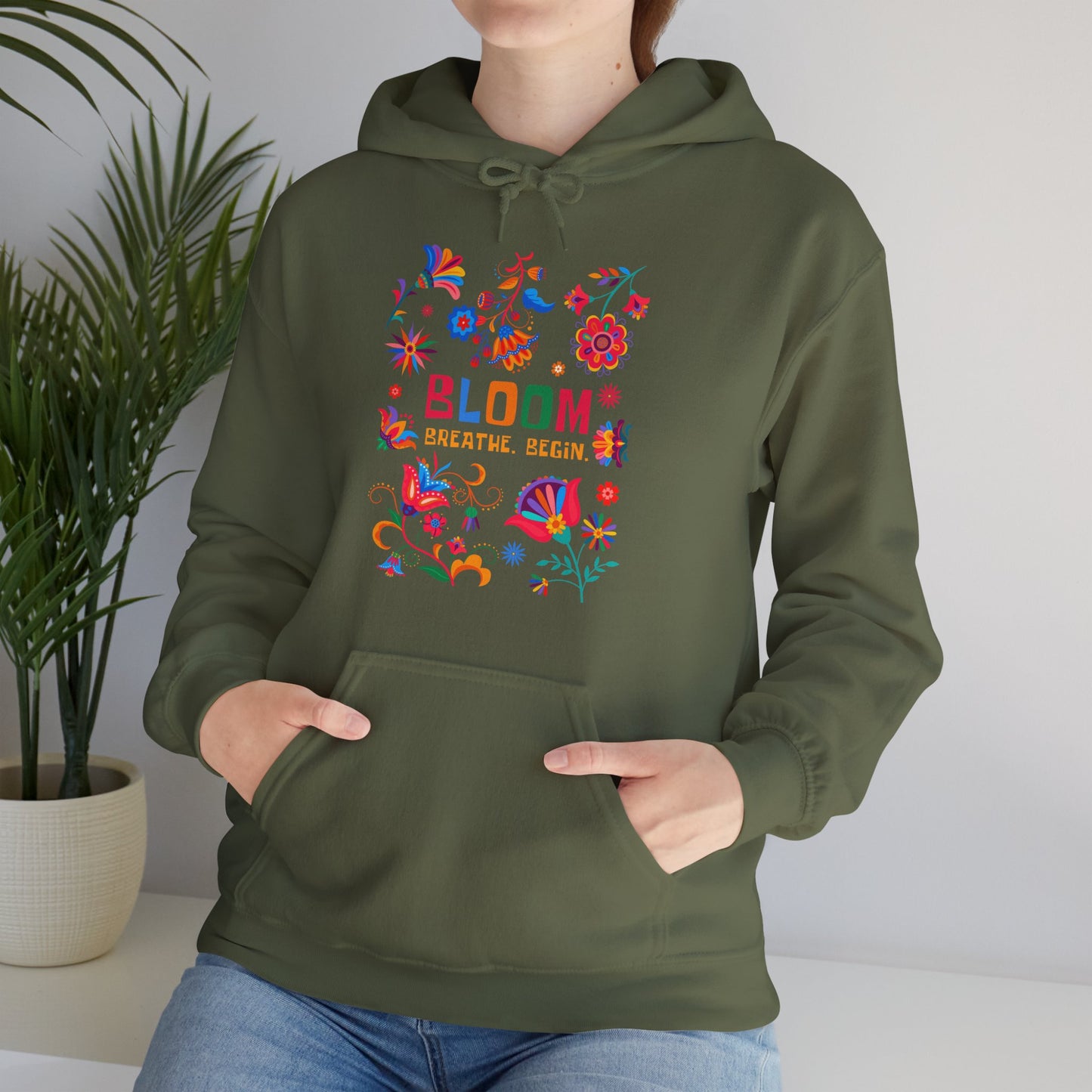 🌸✨Bloom. Breathe. Begin. – Vibrant Folk Floral Unisex Hoodie🌞🌿