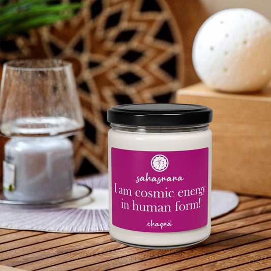 Sahasrara CHAQRA Affirmation Candle 9oz. - "I am cosmic energy in human form!" - Scented Soy Candle