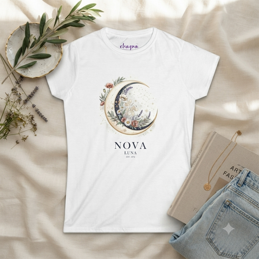 NOVA COLLECTION ::  Luna Crescent Moon Floral Tee — Women's Boho Celestial T-Shirt