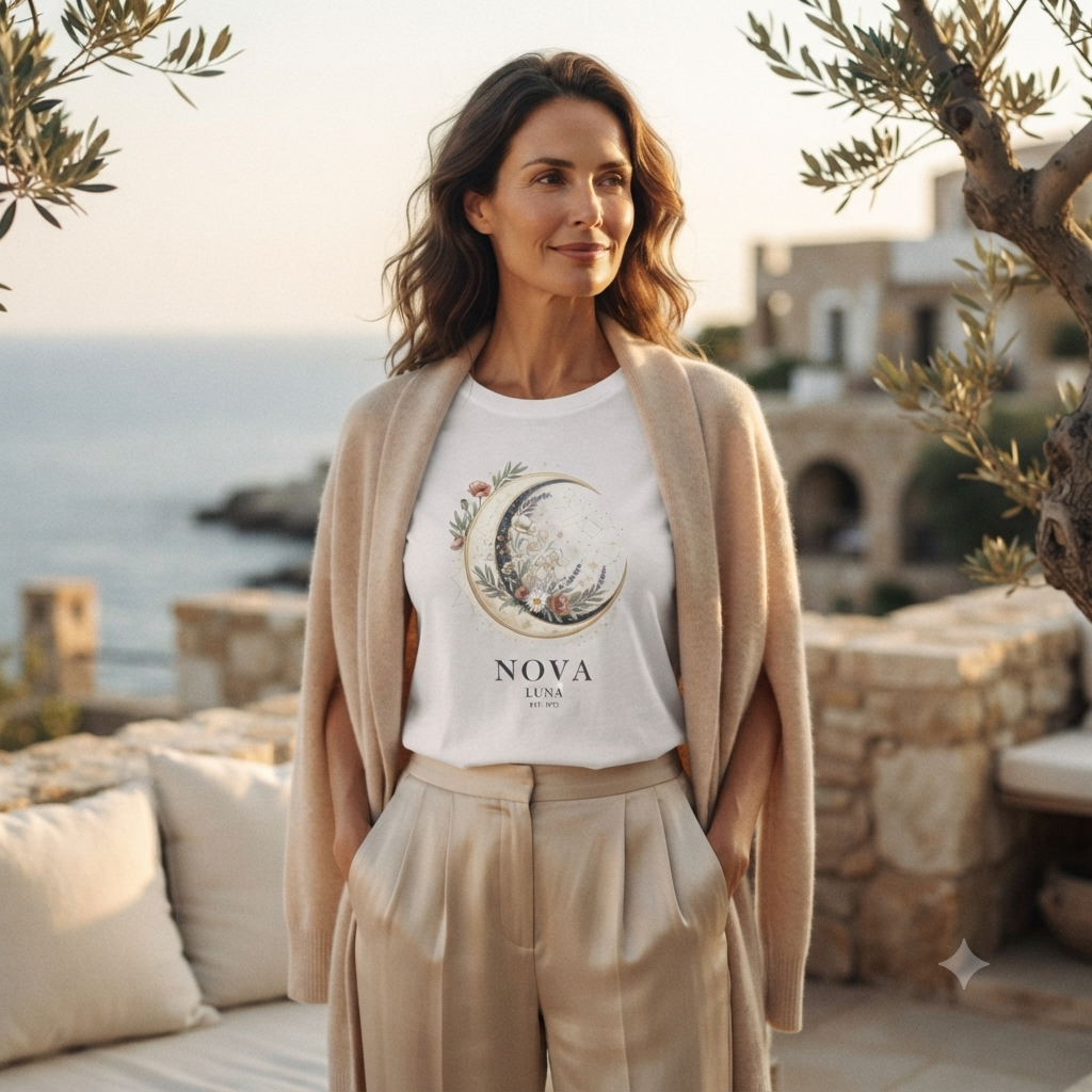 NOVA COLLECTION ::  Luna Crescent Moon Floral Tee — Women's Boho Celestial T-Shirt