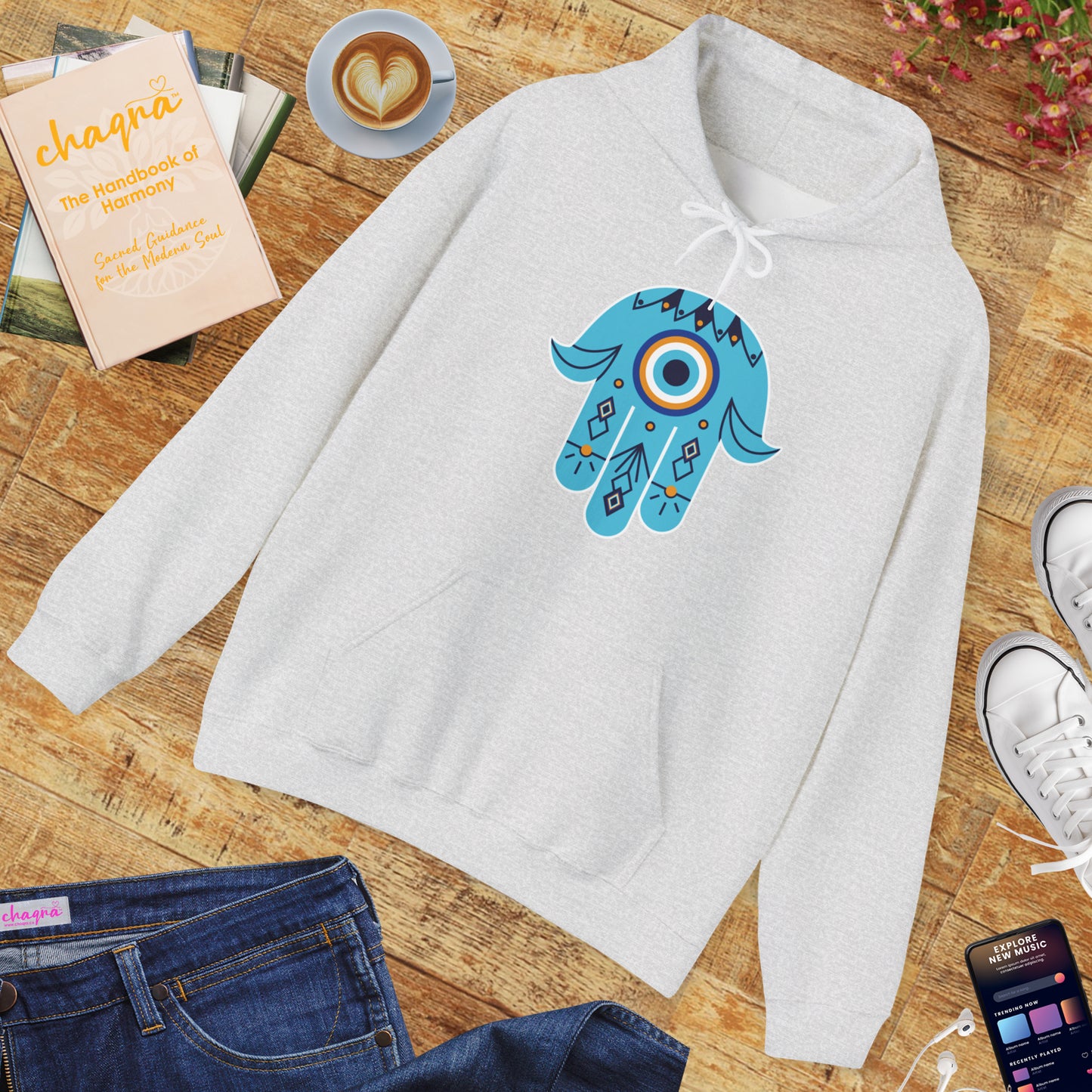 🧿Hand of Hamsa with Evil Eye Motif Protection Hoodie🧿🌙✨