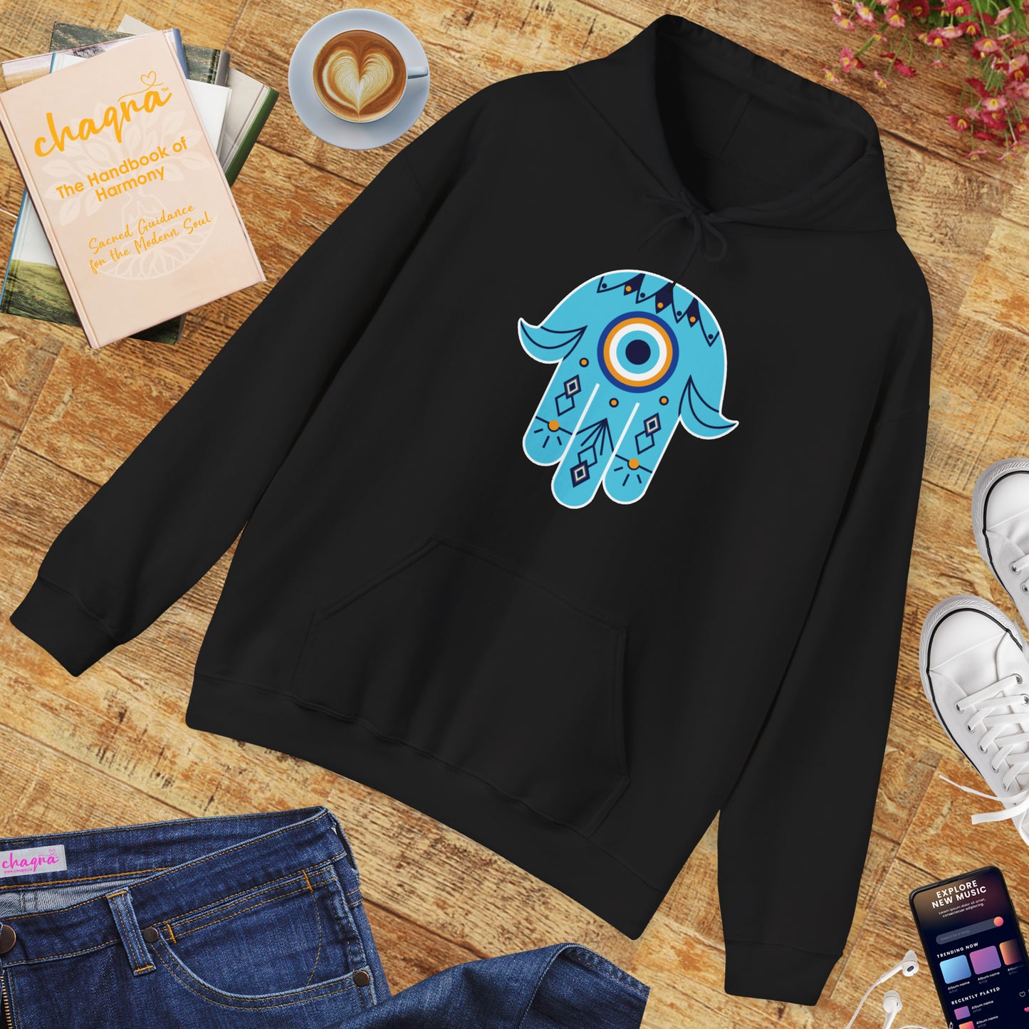 🧿Hand of Hamsa with Evil Eye Motif Protection Hoodie🧿🌙✨