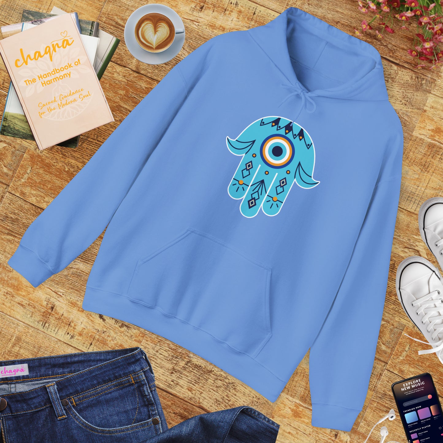 🧿Hand of Hamsa with Evil Eye Motif Protection Hoodie🧿🌙✨
