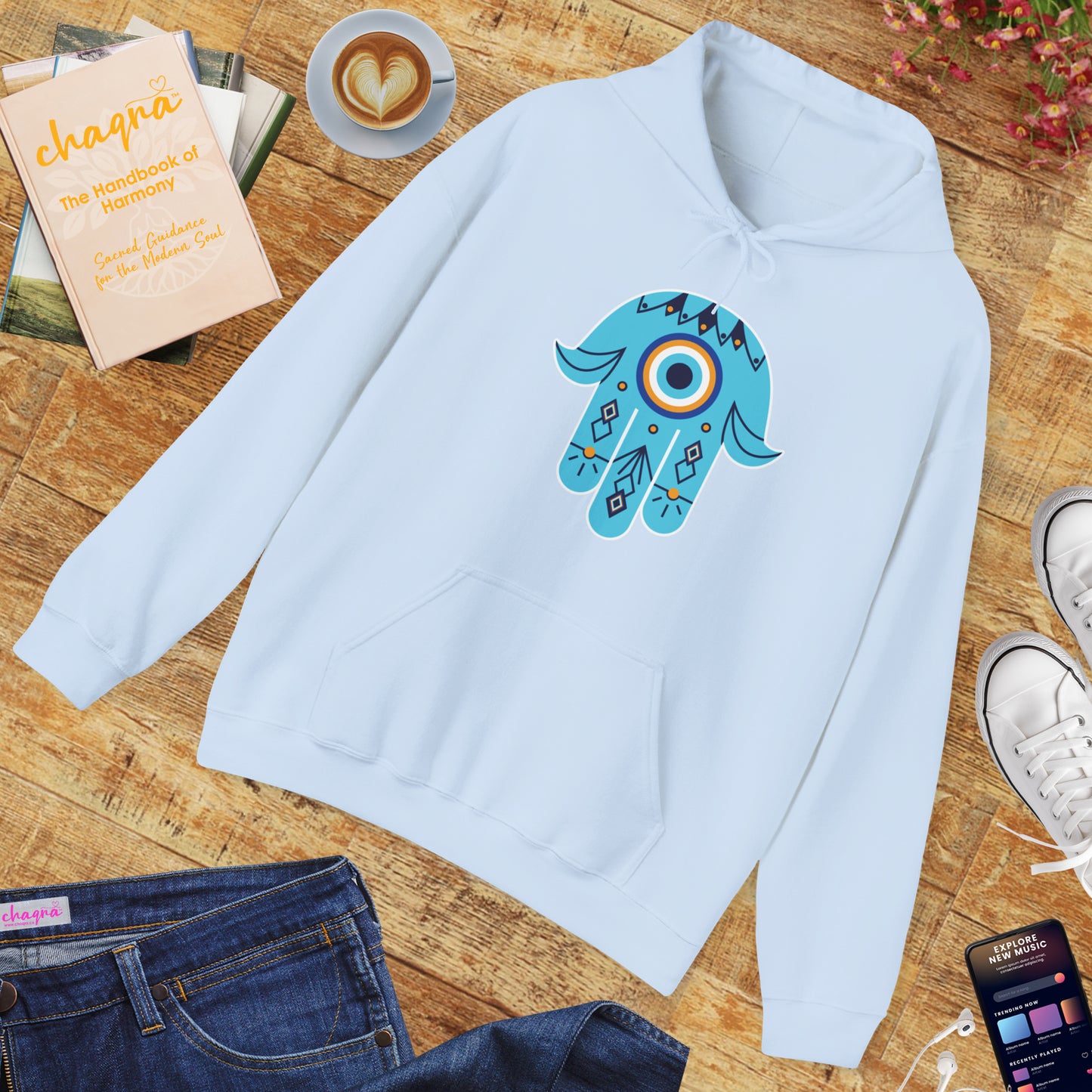 🧿Hand of Hamsa with Evil Eye Motif Protection Hoodie🧿🌙✨