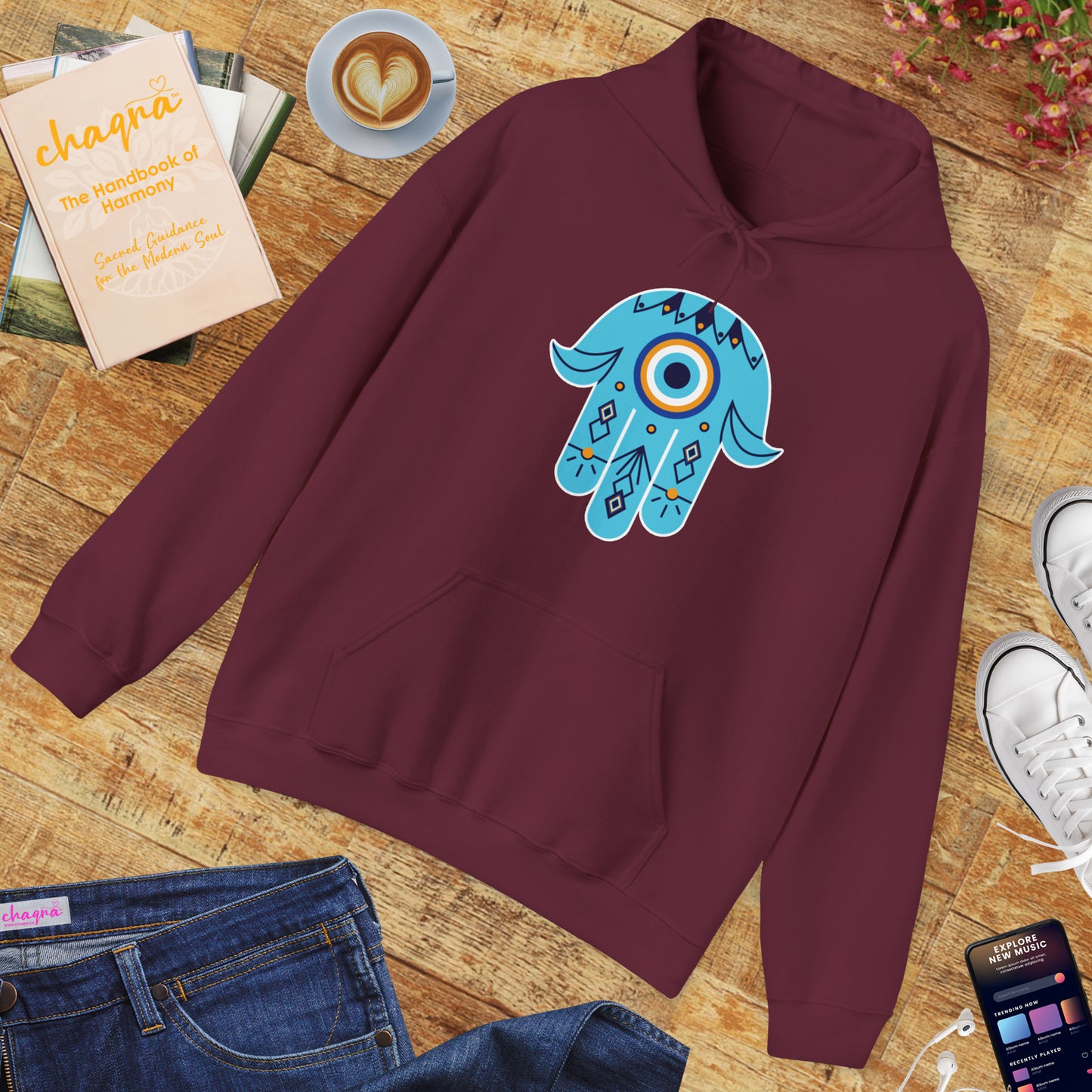 🧿Hand of Hamsa with Evil Eye Motif Protection Hoodie🧿🌙✨