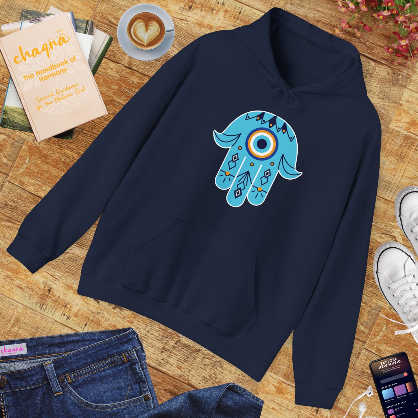 🧿Hand of Hamsa with Evil Eye Motif Protection Hoodie🧿🌙✨