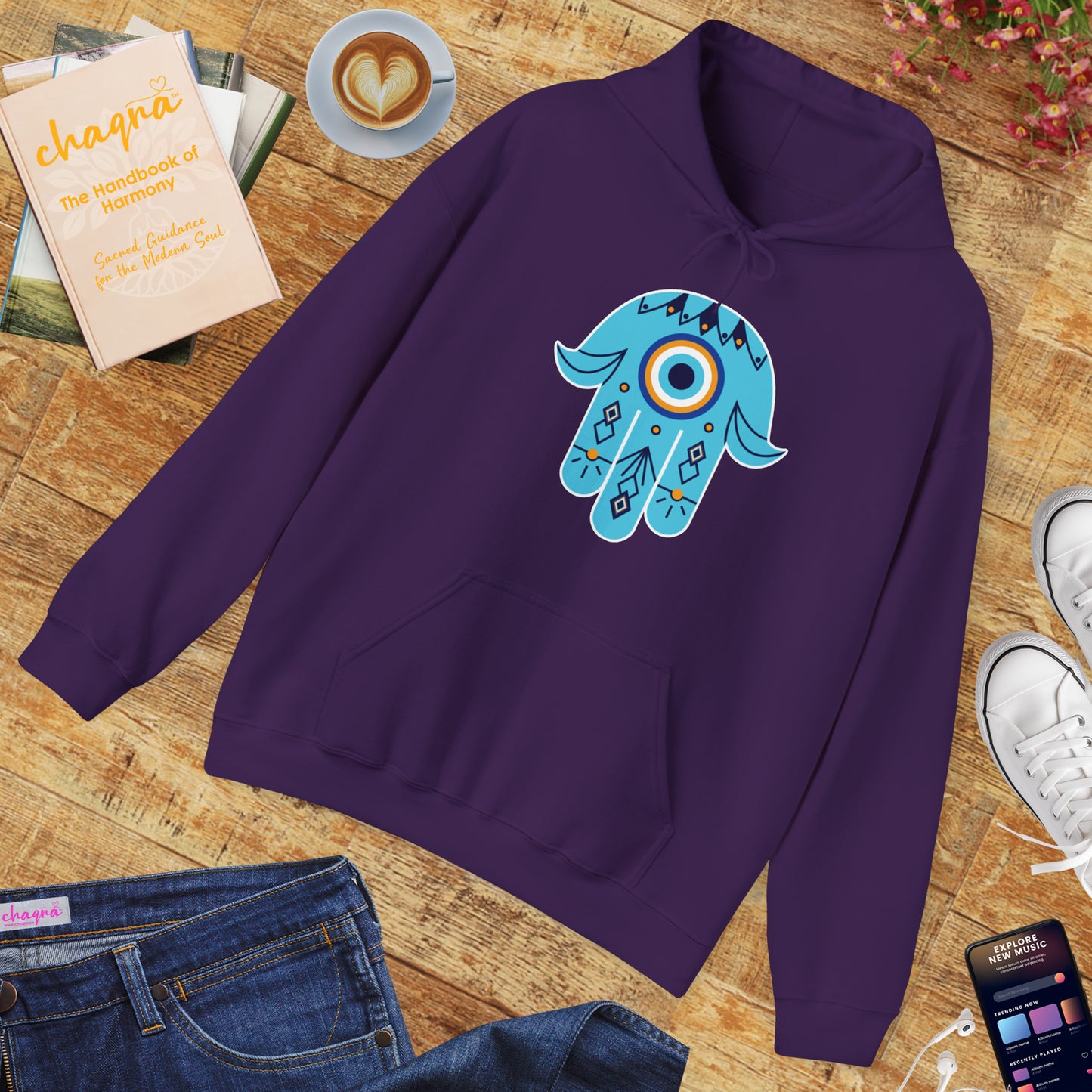🧿Hand of Hamsa with Evil Eye Motif Protection Hoodie🧿🌙✨