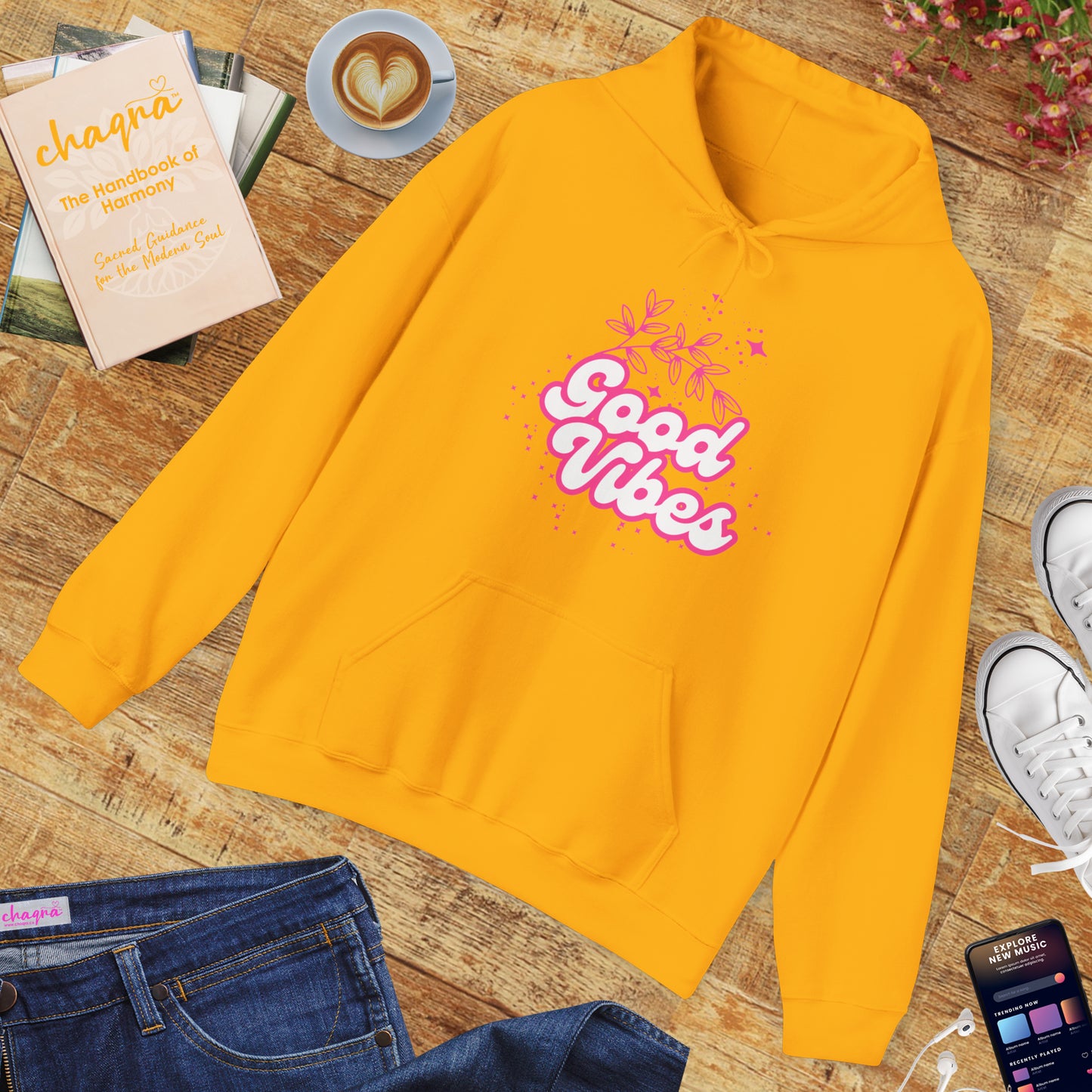 🌸Good Vibe Hoodie – Bloom in Positivity & Cosmic Light✨🌼